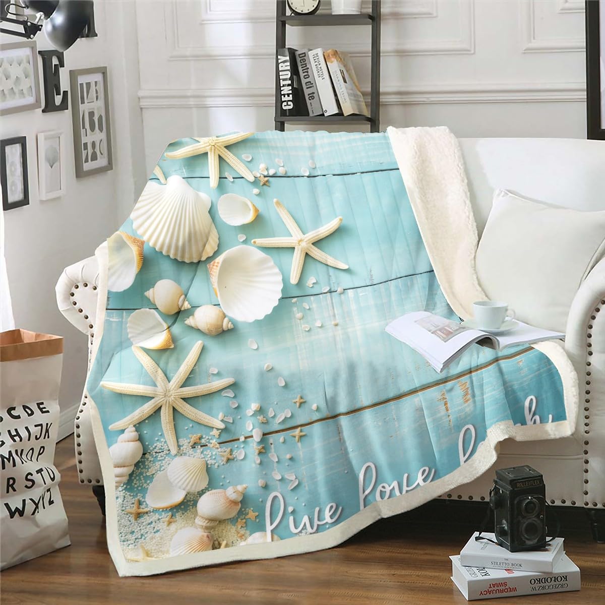 Starfish Seashell Sherpa Blanket,Conch Sea Shell Blanket Coastal Animal Throw Blanket For Bed Chair 40X50 Size Retro Rustic Farm