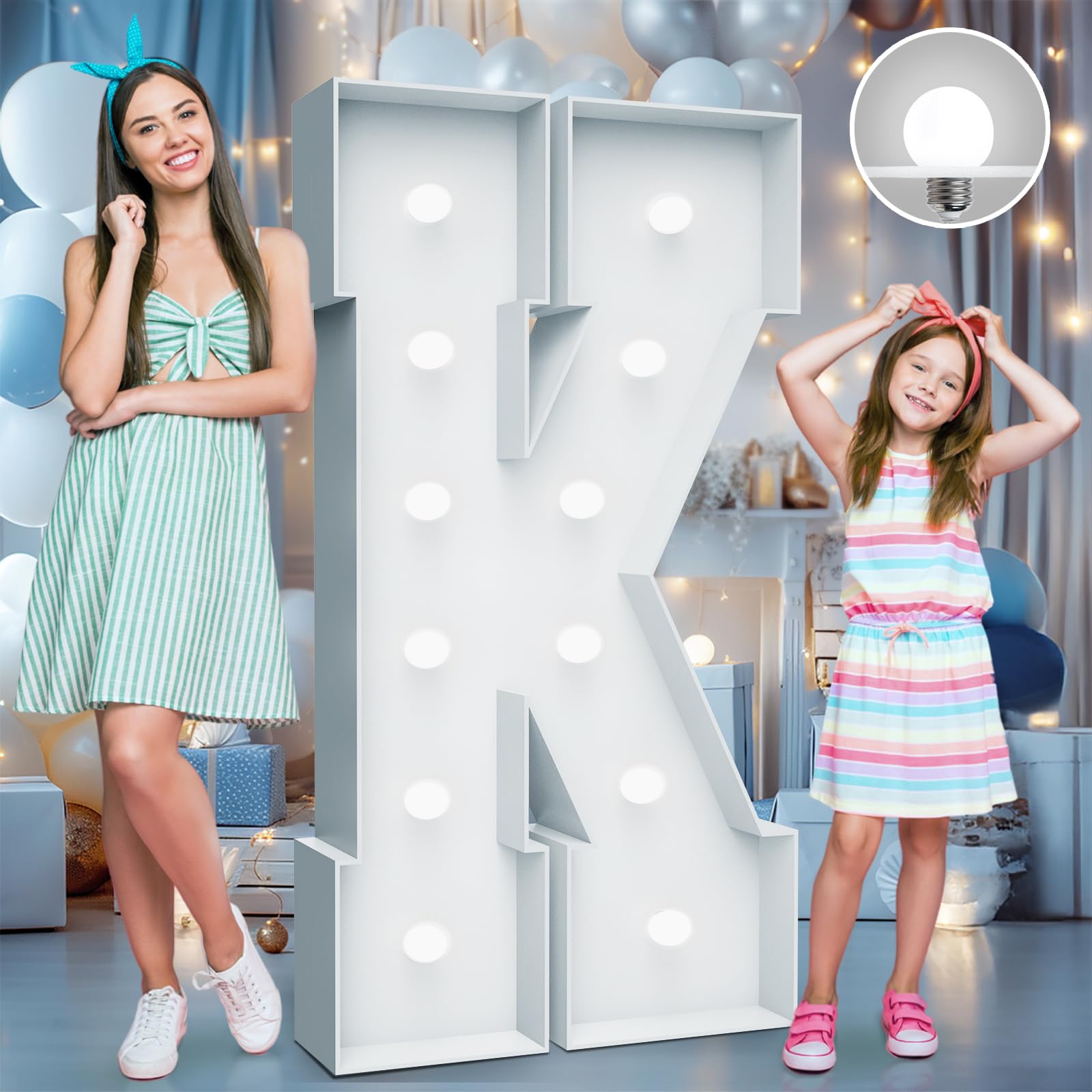 4FT Marquee Light Up Letters - Cool White Light Up Letters K with Fixed Water Bag, Party Decoration Large Marquee Light Up Lette