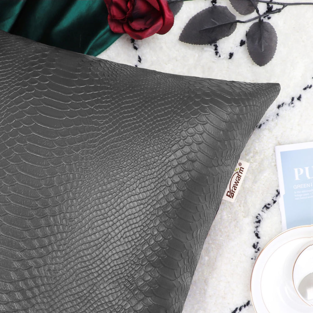 Brawarm Charcoal Gray Leather Throw Pillows 16 X 16 Inches, Snake Leather Pillow Covers Pack Of 2, Faux Leather Decorative Pillo