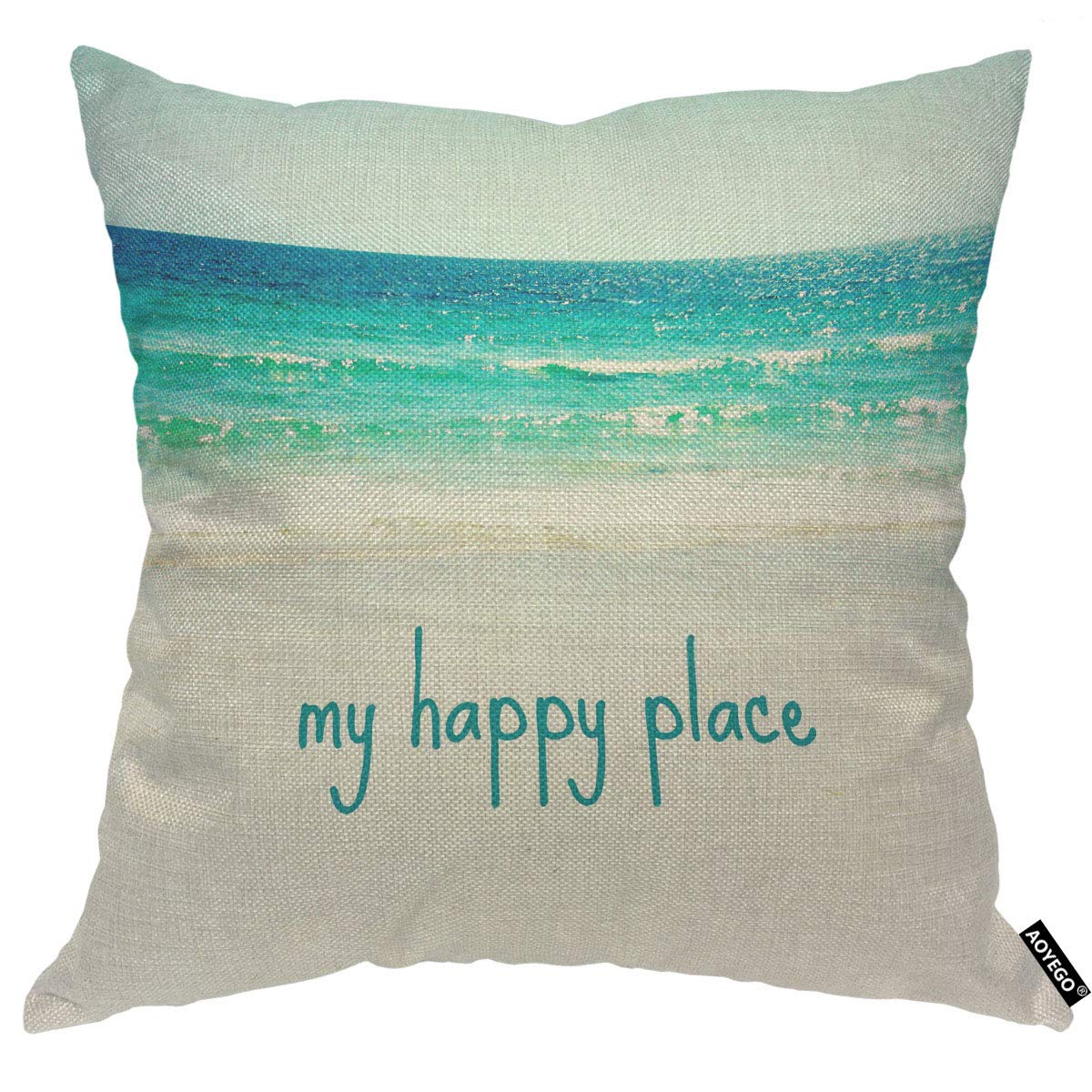 Aoyego My Happy Place Beach Throw Pillow Cover Ocean Sea Wave Summer Sand Sky Nature Beauty Bay Glitter Pillow Case 18X18 Inch D