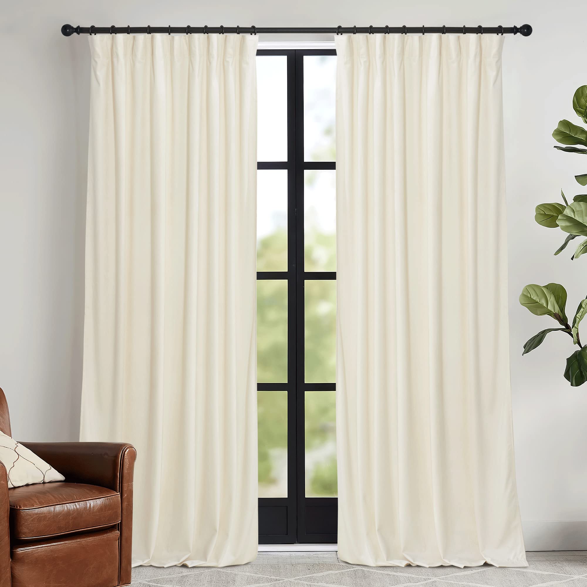Ryb Home Cream Velvet Curtains 96 Inch, Light Dimming White Window Curtains For Living Room Thermal Insulated Privacy Backdrop W