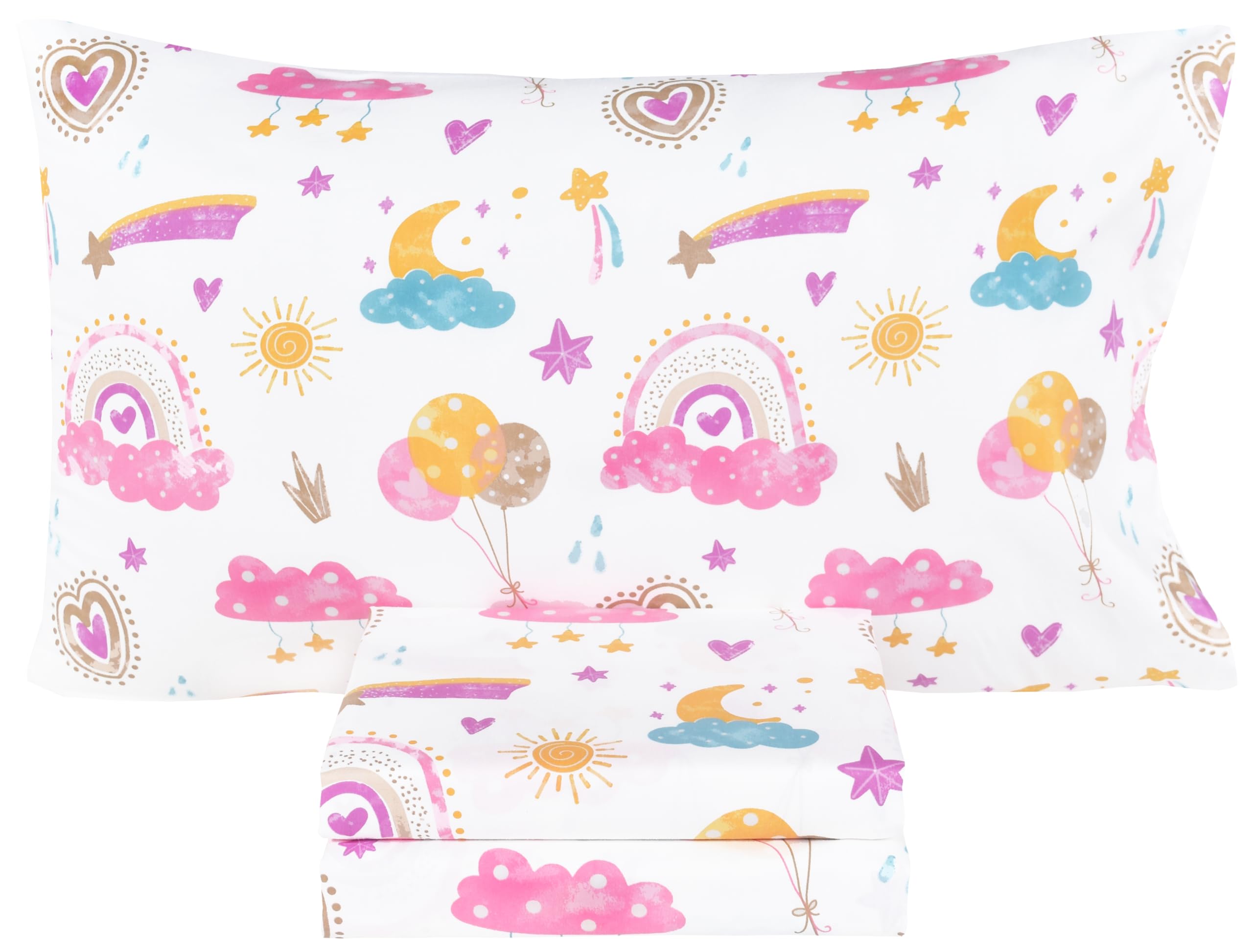 Scientific Sleep Pink Cloud Heart Rainbow Balloon Moon Star Cute Fun 100% Cotton Cozy Twin Bed Sheet Set, Flat Sheet & Fitted Sh