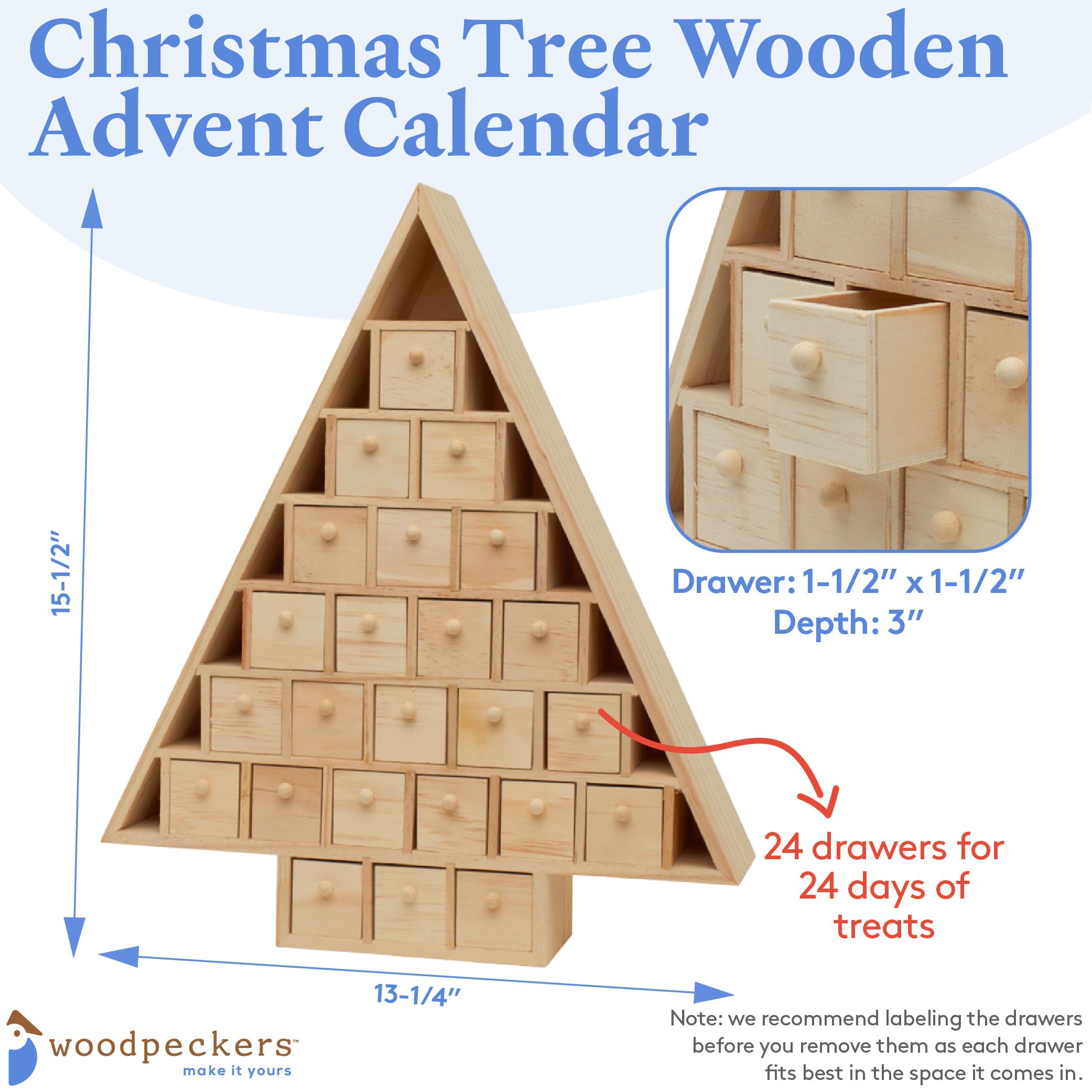 Christmas Tree Wooden Advent Calendar 15 X 13 Inch, Pack Of 1 Christmas Advent Calendar With 24 Empty Drawers For Diy, By Woodpe