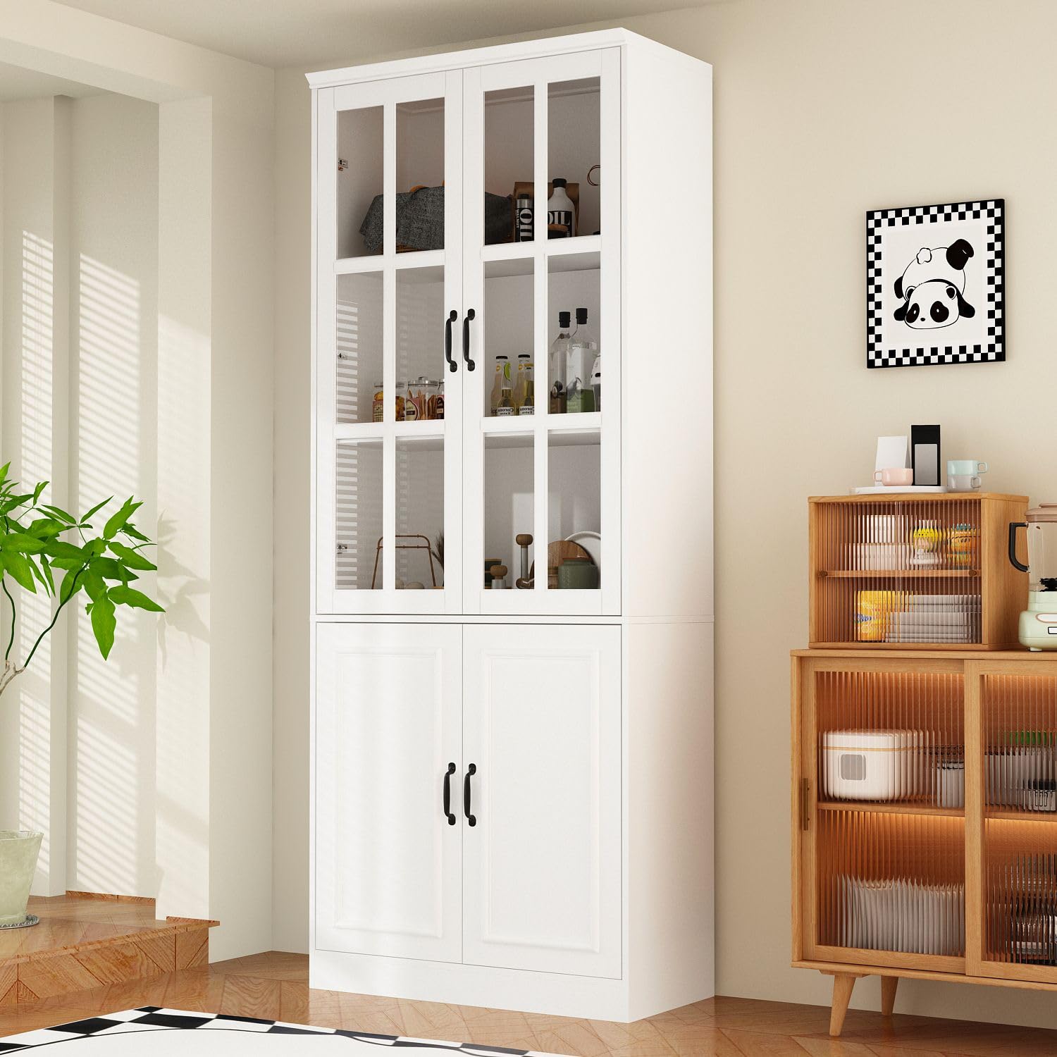 Moumon Kitchen Pantry Storage Cabinet With Glass Doors, Pantry Cabinet And Kitchen Storage, Adjustable Shelves And Doors, For Hallway Living Room White (31.5”W X 15.7”D X 78.7”H)