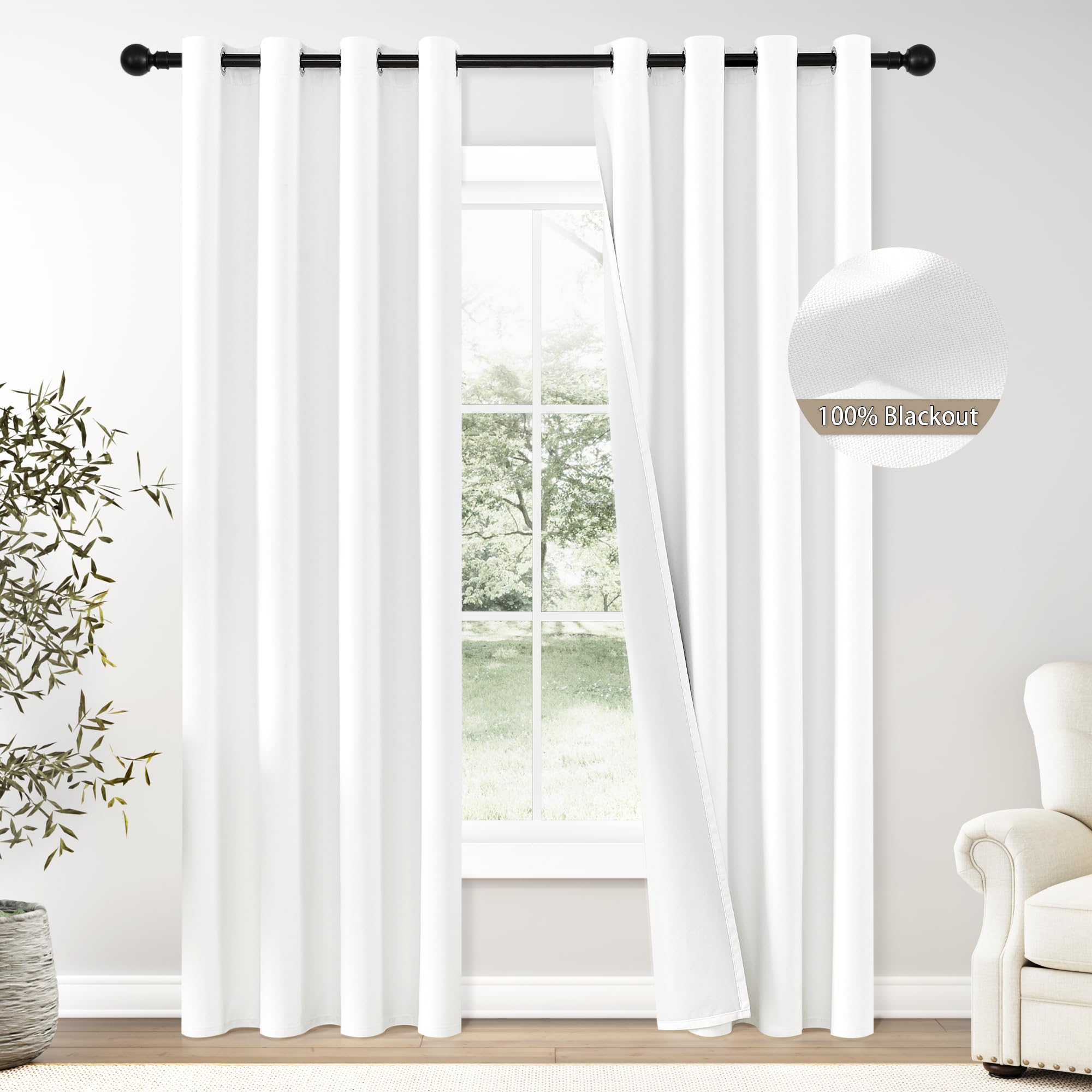 Chrisdowa White Linen Textured 100% Blackout Curtains 96 Inches Long, 2 Panels Set Thermal Insulated Linen Curtains For Living R