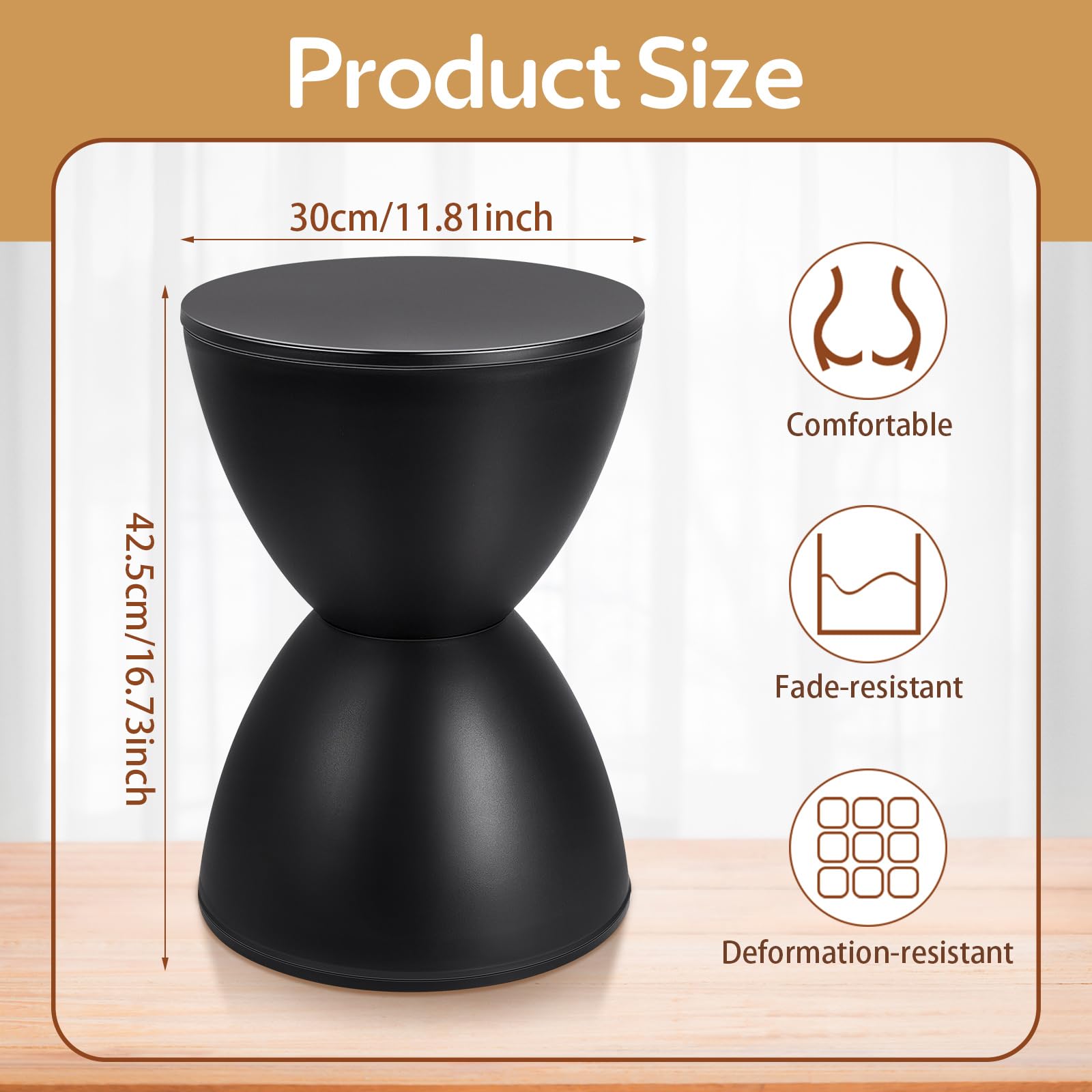 Leinuosen 16.73' H X 11.81' W Small Plastic Black Drum Side Table Plastic Hourglass Modern End Table Round Outdoor Stool Side Table For Coffee Patio Indoor Home Bedroom (Cover Cannot Be Removed)