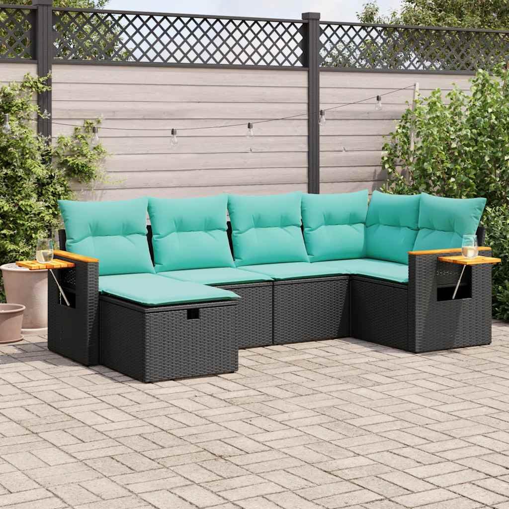 vidaXL 6 Piece Patio Sofa Set - Black Poly Rattan, Weather-Resistant Outdoor Furniture with Storage and Blue Cushions for Garden, Terrace & Deck.