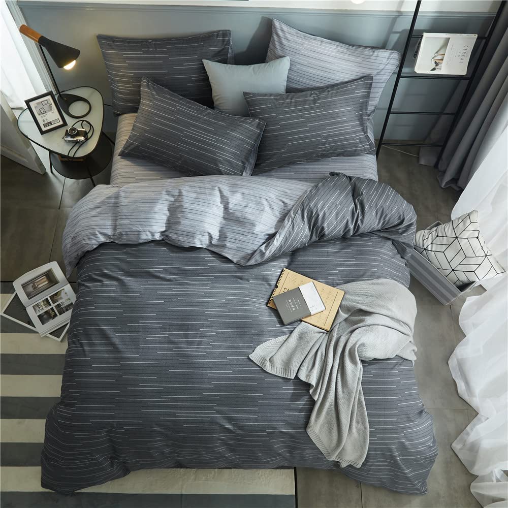 Grey Stripe Duvet Cover Queen Cotton Bedding Sets Geometric Stripe Comforter Cover Modern Style Masculine Bedding Sets For Men B