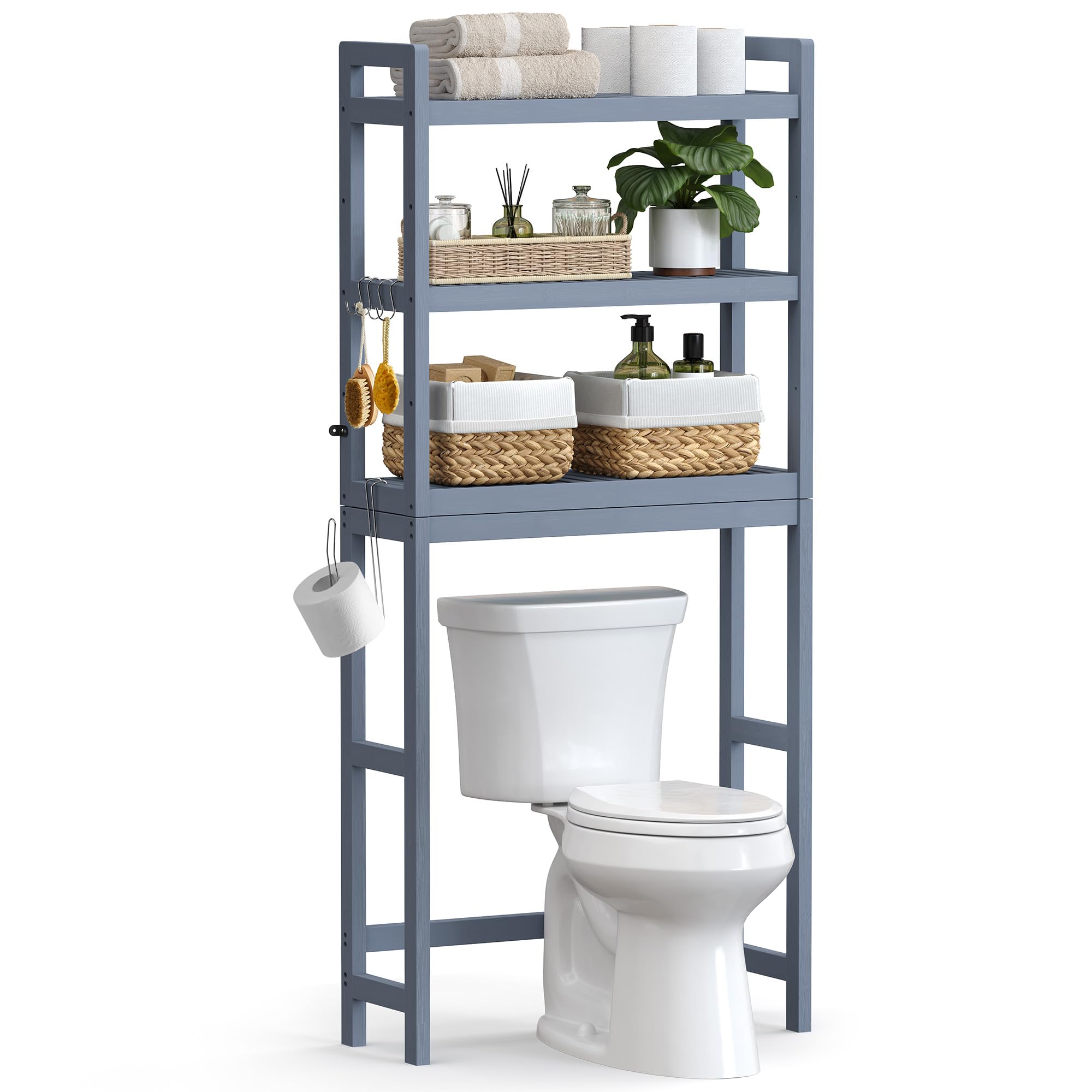 SONGMICS Over The Toilet Storage, 3-Tier Bamboo Over Toilet Bathroom Organizer with Adjustable Shelf, Fit Most Toilets, Space-Sa