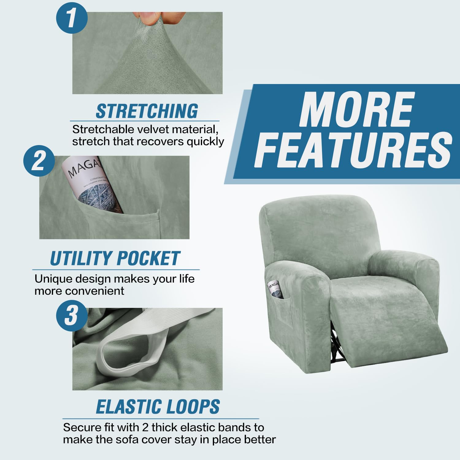 H.Versailtex 4-Pieces Recliner Chair Covers Velvet Stretch Reclining Couch Covers For 1 Cushion Sofa Slipcovers Furniture Covers