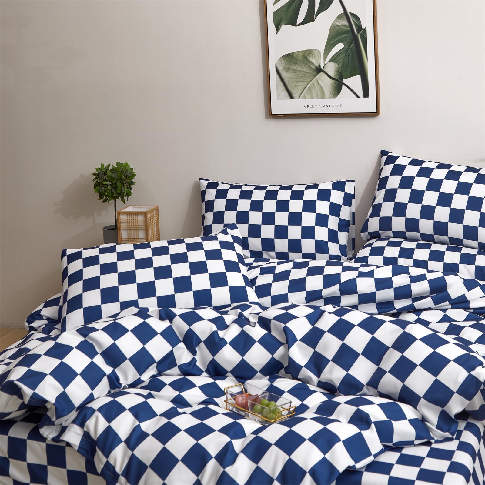 Clothknow Blue Plaid Queen Comforter Set 3Pcs Grid Bedding Comforter Sets Checkerboard Queen Comforter Royal Blue White Queen Size Comforter Sets