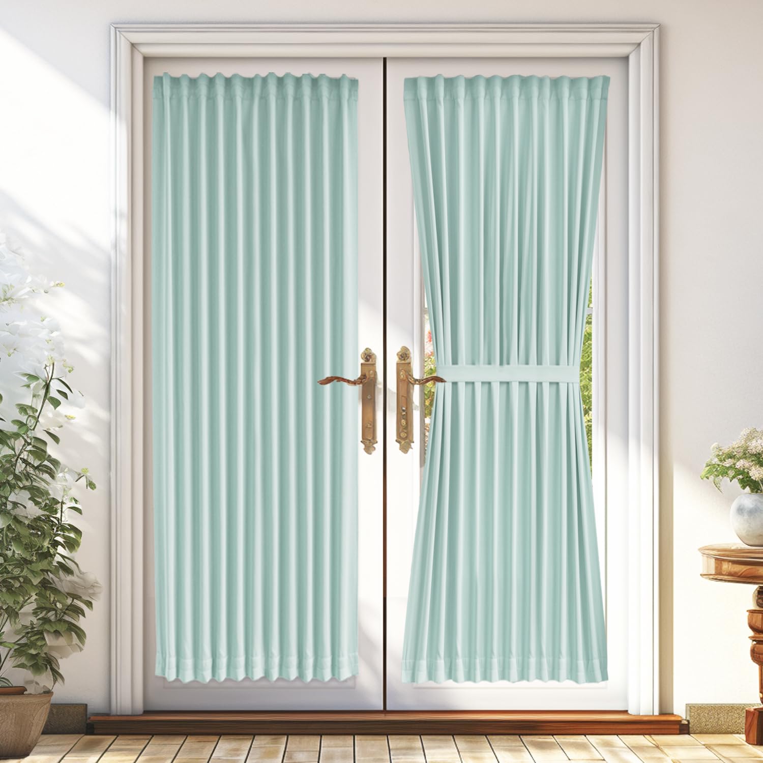 Vatge Light Blue French Door Curtain Panel for Front Door - Dual Rod Pocket Drapes for Living Room Glass Door, 1 Panel, W54 x L7
