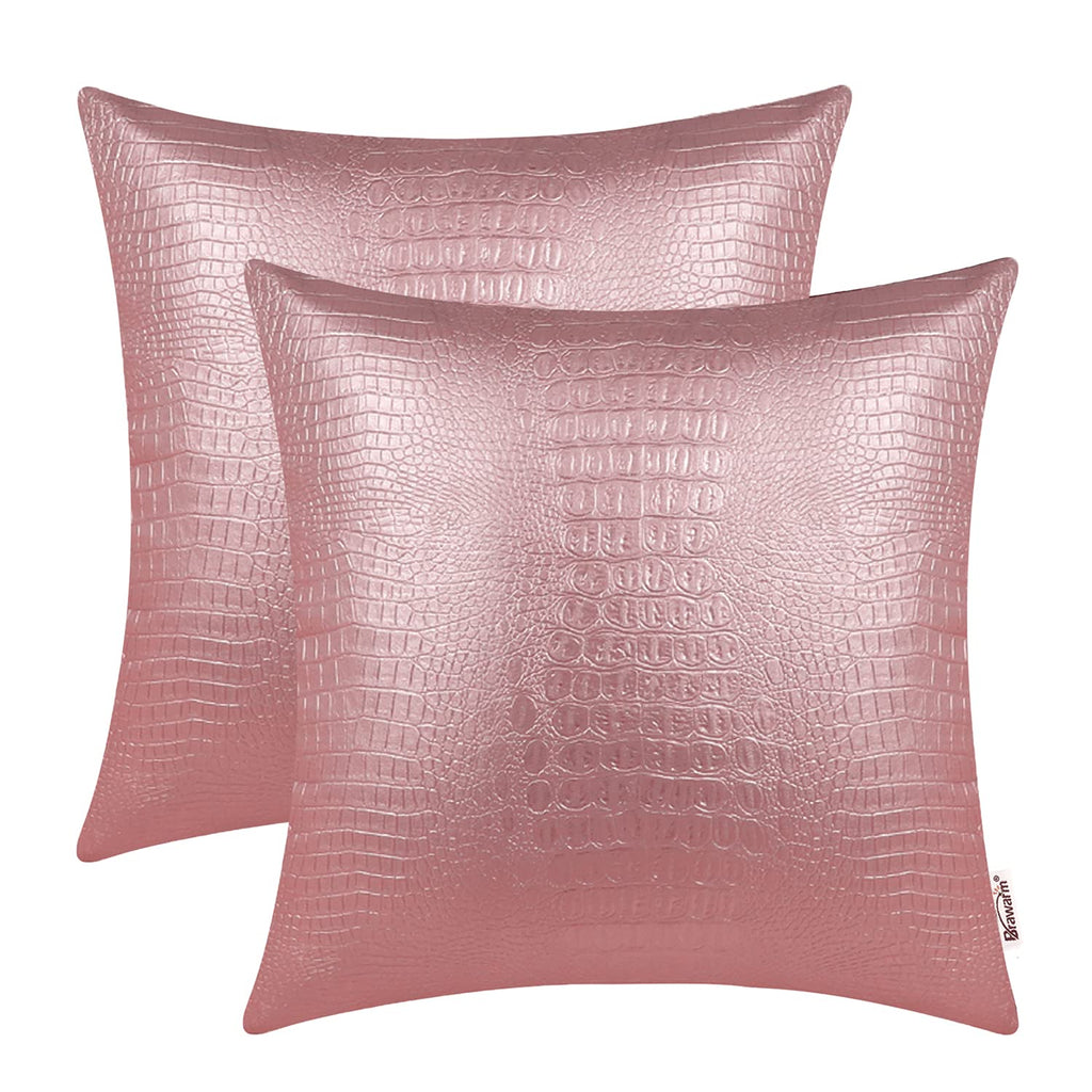 BRAWARM Faux Leather Pillow Covers 16 X 16 Inches, Rose Gold Leather Pillow Covers Pack of 2, Crocodile Leather Decorative Throw