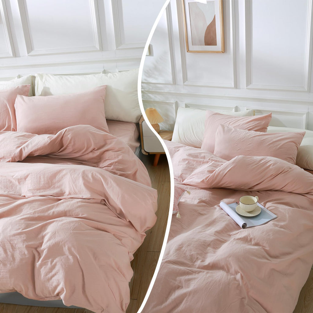 Nexhome Pro Duvet Cover Set King Size Linen Feel Textured Organic Natural 100% Washed Cotton Duvet Cover 3 Pieces Bedding Set With Zipper Closure, Breathable, Soft, Pink (No Comforter)
