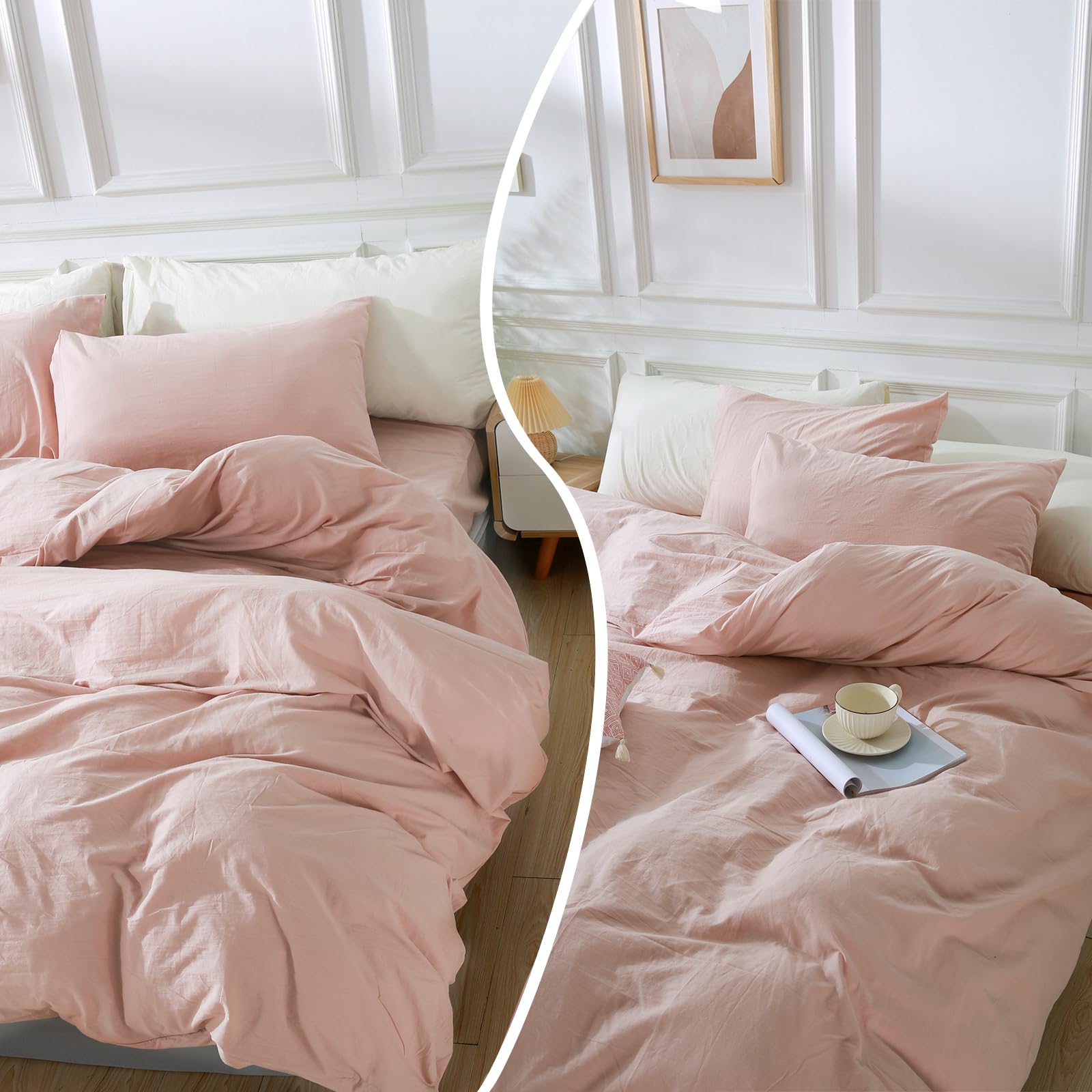 Nexhome Pro Duvet Cover Set King Size Linen Feel Textured Organic Natural 100% Washed Cotton Duvet Cover 3 Pieces Bedding Set With Zipper Closure, Breathable, Soft, Pink (No Comforter)