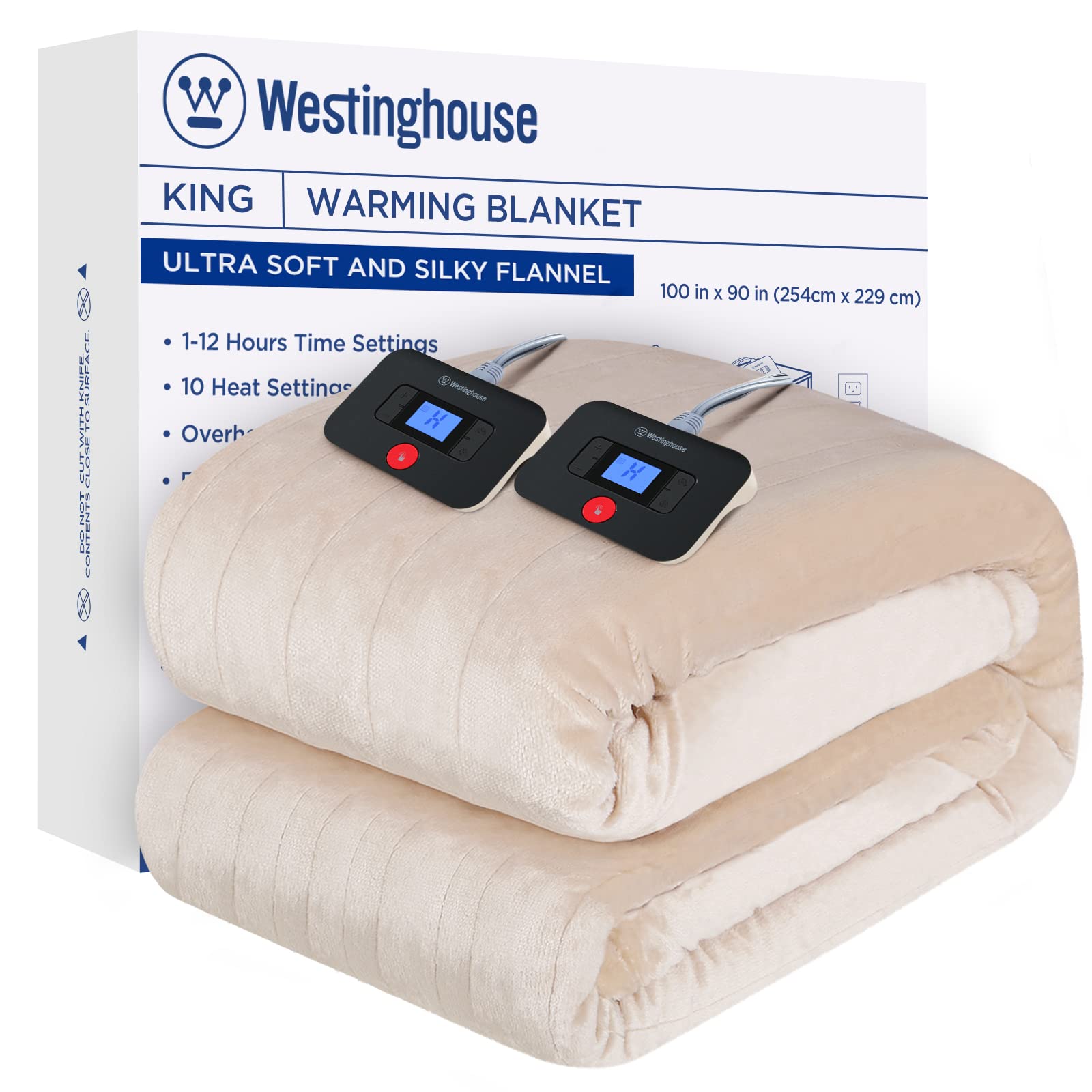 Westinghouse Electric Blanket King Size, Super Cozy Soft Flannel 100 x 90 Heated Blanket with 10 Fast Heating Levels & 1-12 Auto