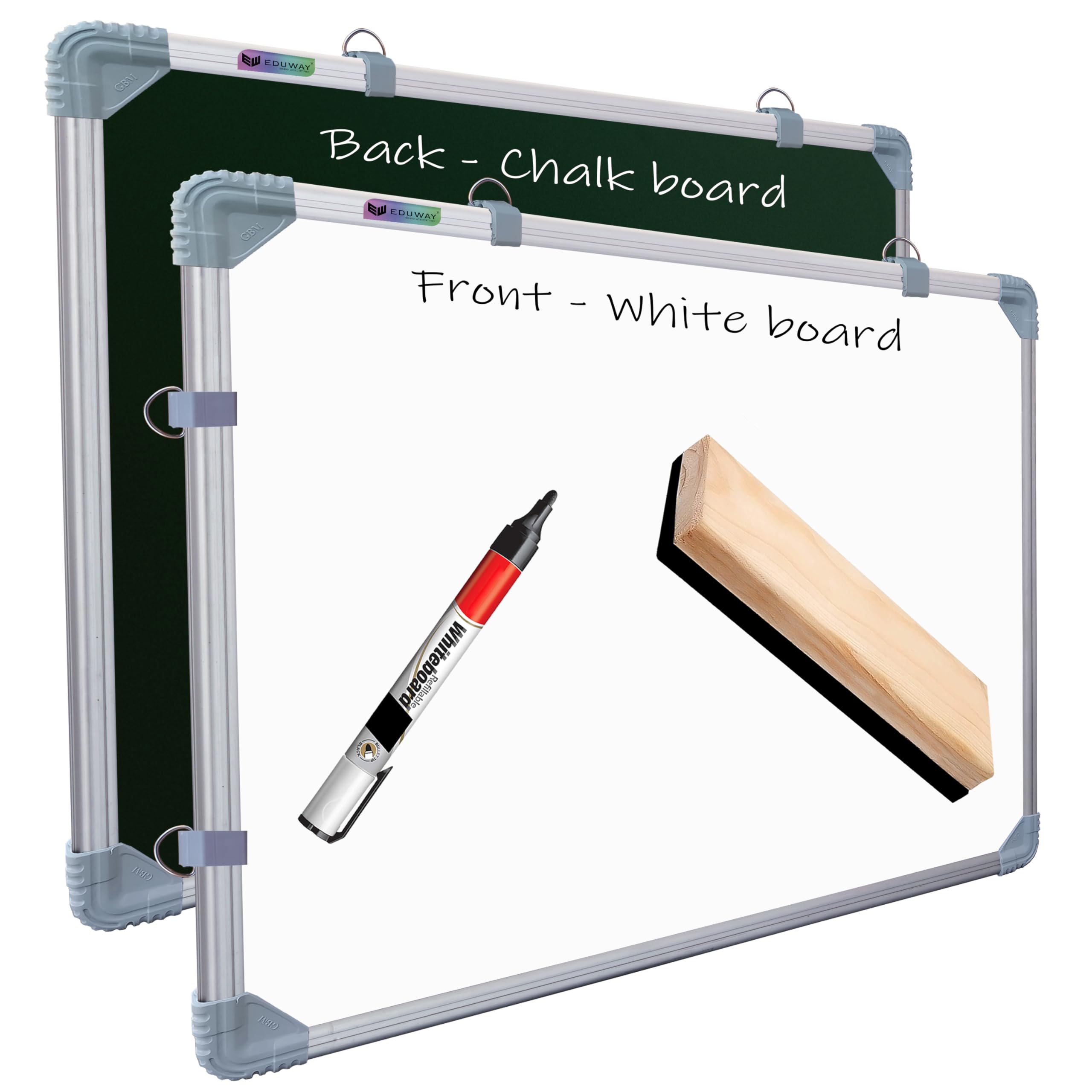 Eduway 2X2 Feet Non-Magnetic Double-Sided Whiteboard And Chalkboard Combo With 1 Marker And 1 Duster | Ideal Use For Home, Offic