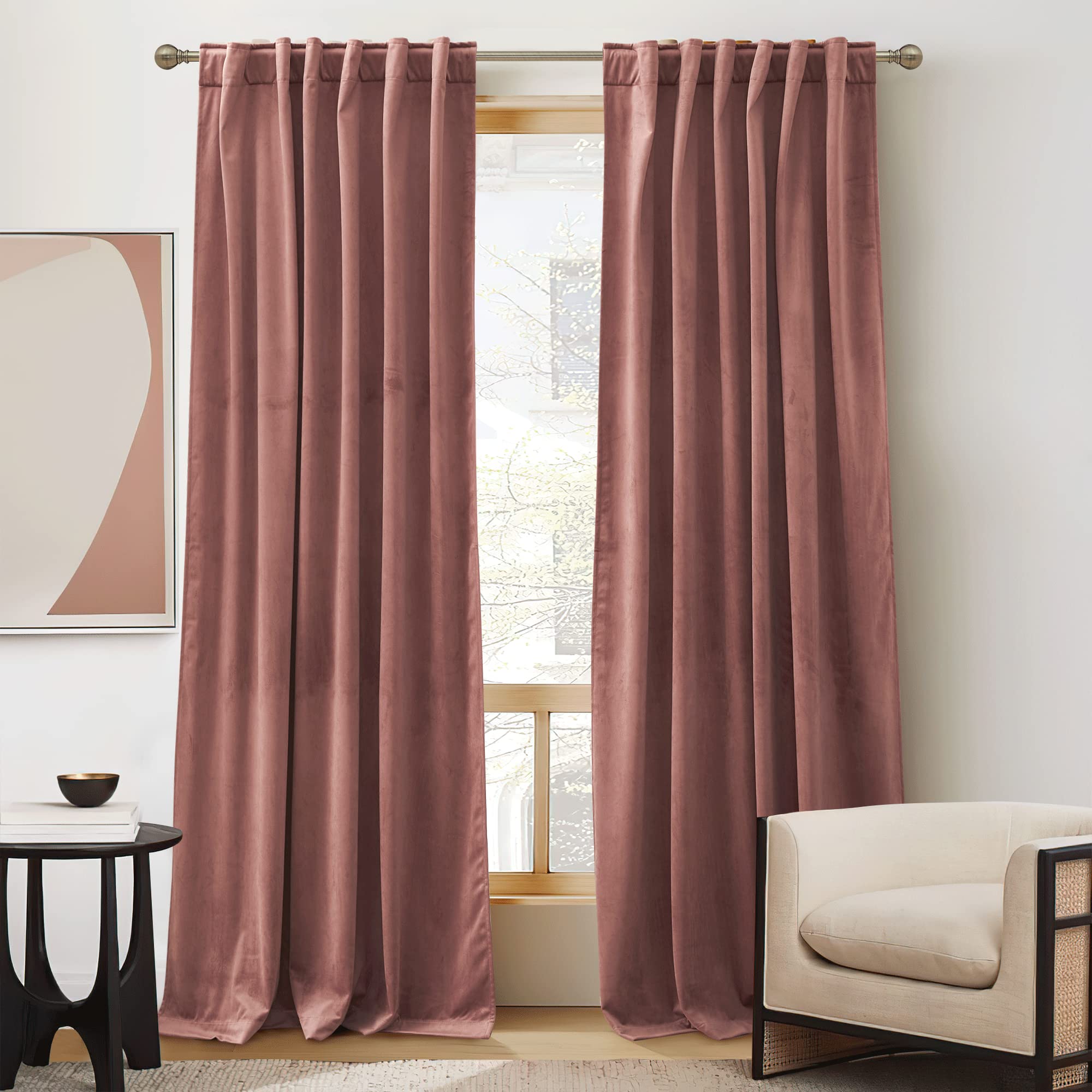 Ryb Home Soft Velvet Curtain For Home Decoration, Room Darkening Window Curtains & Drapes Thermal Insluated Noise Reuding Vertical Shade For Sliding Door Home Office, W52 X L120 Inch, Wild Rose, 2 Pcs