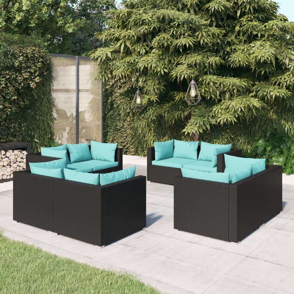 vidaXL 8 Piece Patio Lounge Set with Cushions - Outdoor Poly Rattan Black/Blue - Modern Design Durable Construction - Ideal for Garden Terrace Balcony