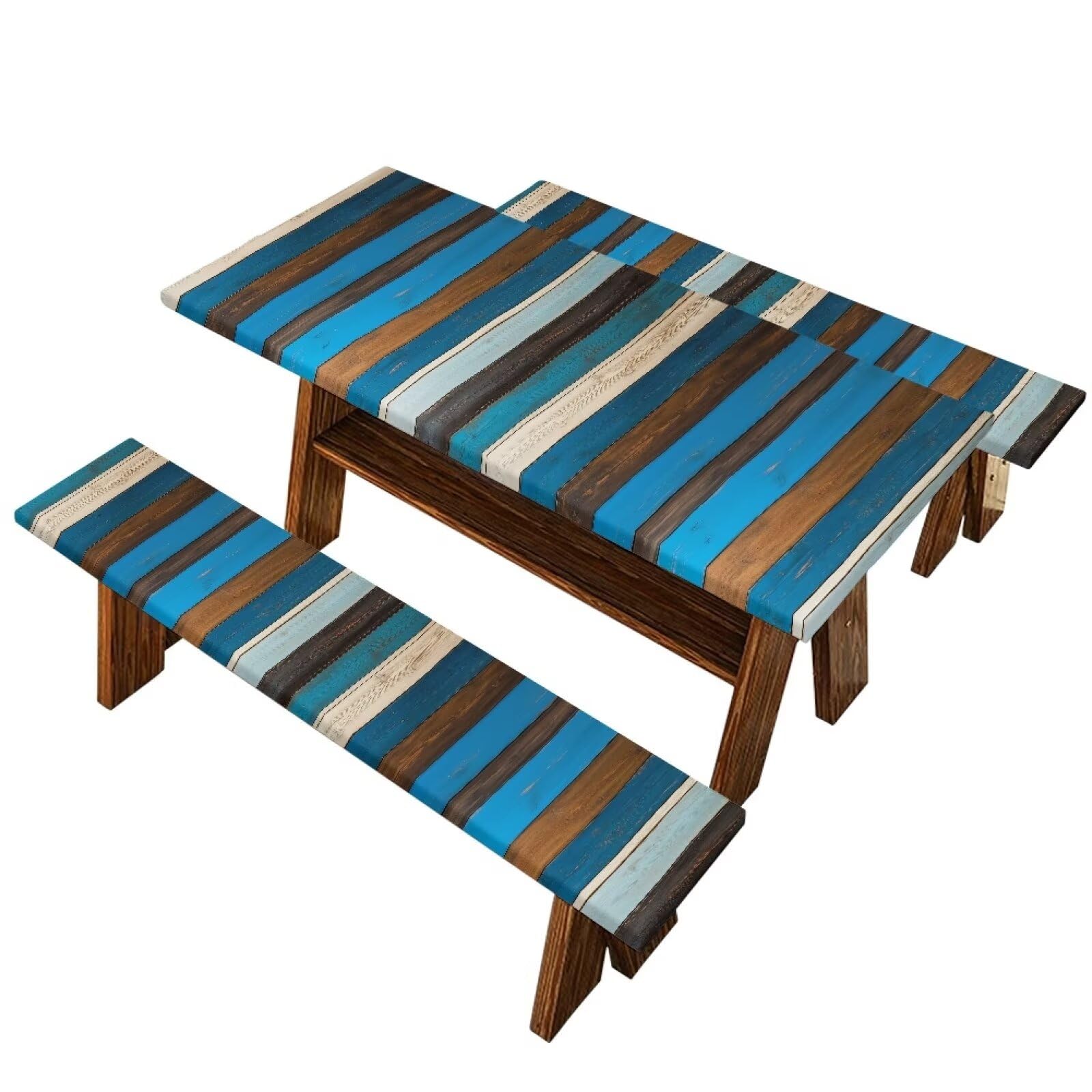 Binienty Blue & Green Woodgrain Table Cloth,3 Pack Rectangle Picnic Table Cover with Bench Covers Camping Essential Oil Proof Ta