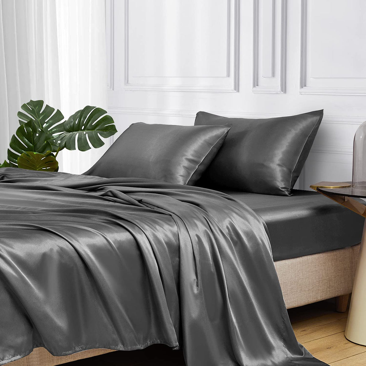 Mr&Hm Satin Bed Sheets, Queen Size Sheets Set, 4 Pcs Silky Bedding Set With 15 Inches Deep Pocket For Mattress (Queen, Dark Grey