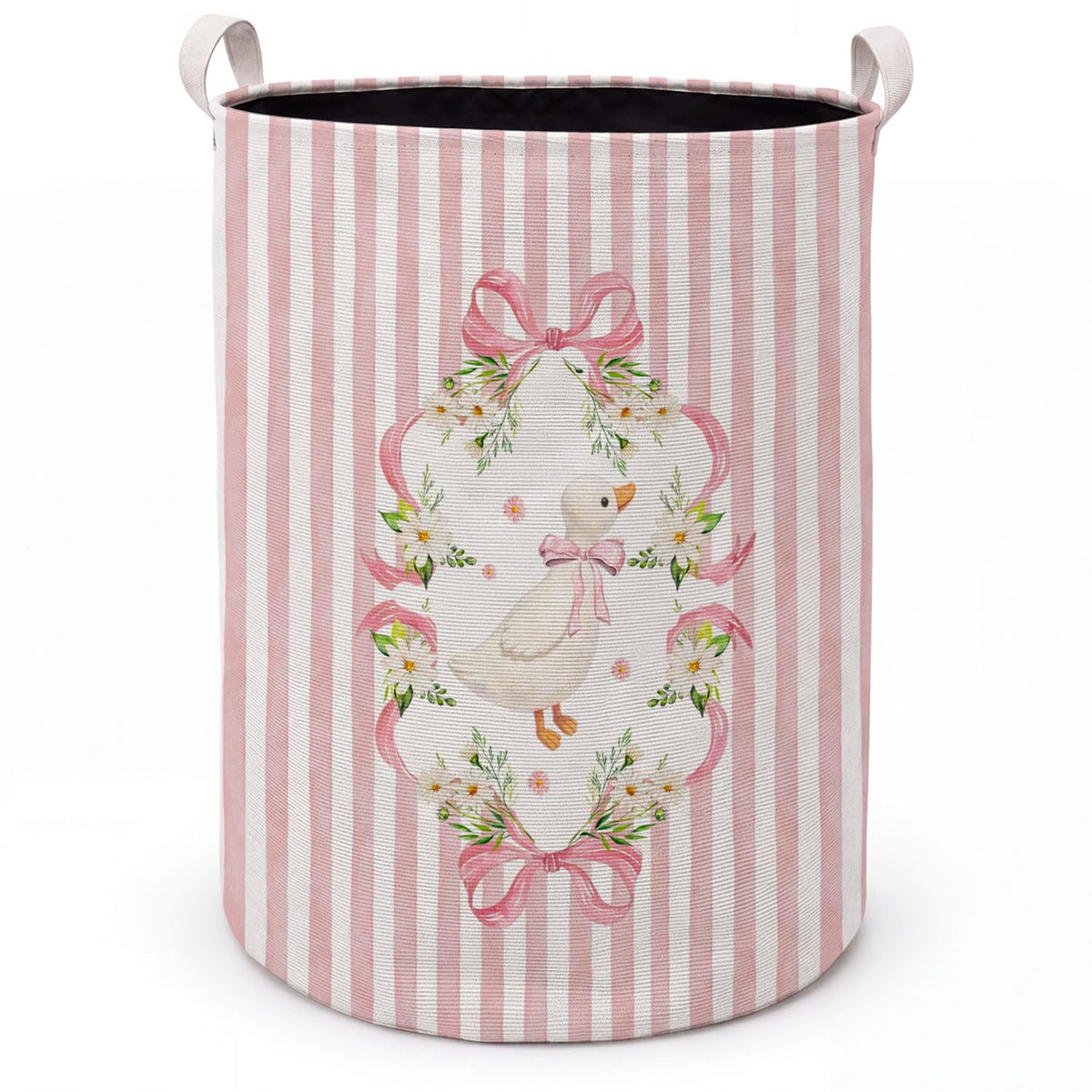 Wukycenbin Preppy Pink Striped Goose Laundry Basket with Handles