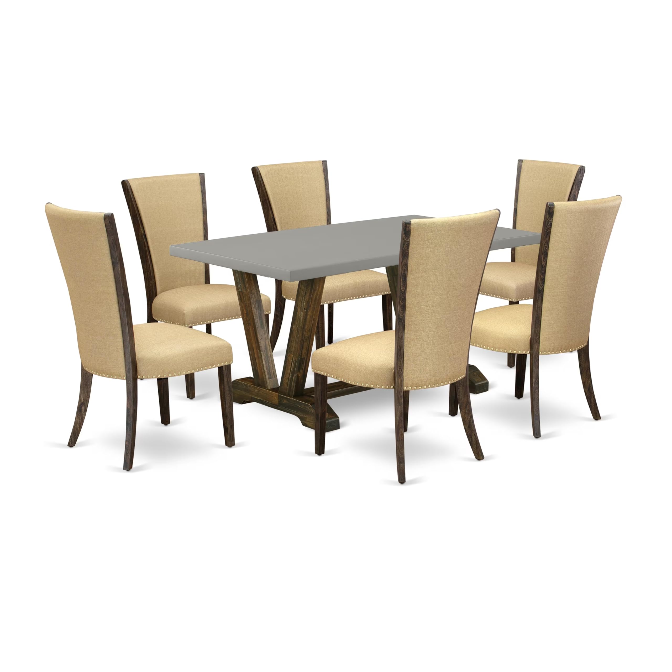 East West Furniture V796Ve703-7 7 Piece Dining Room Table Set Consist Of A Rectangle Kitchen Table With V-Legs And 6 Brown Linen Fabric Parson Dining Chairs, 36X60 Inch, Multi-Color