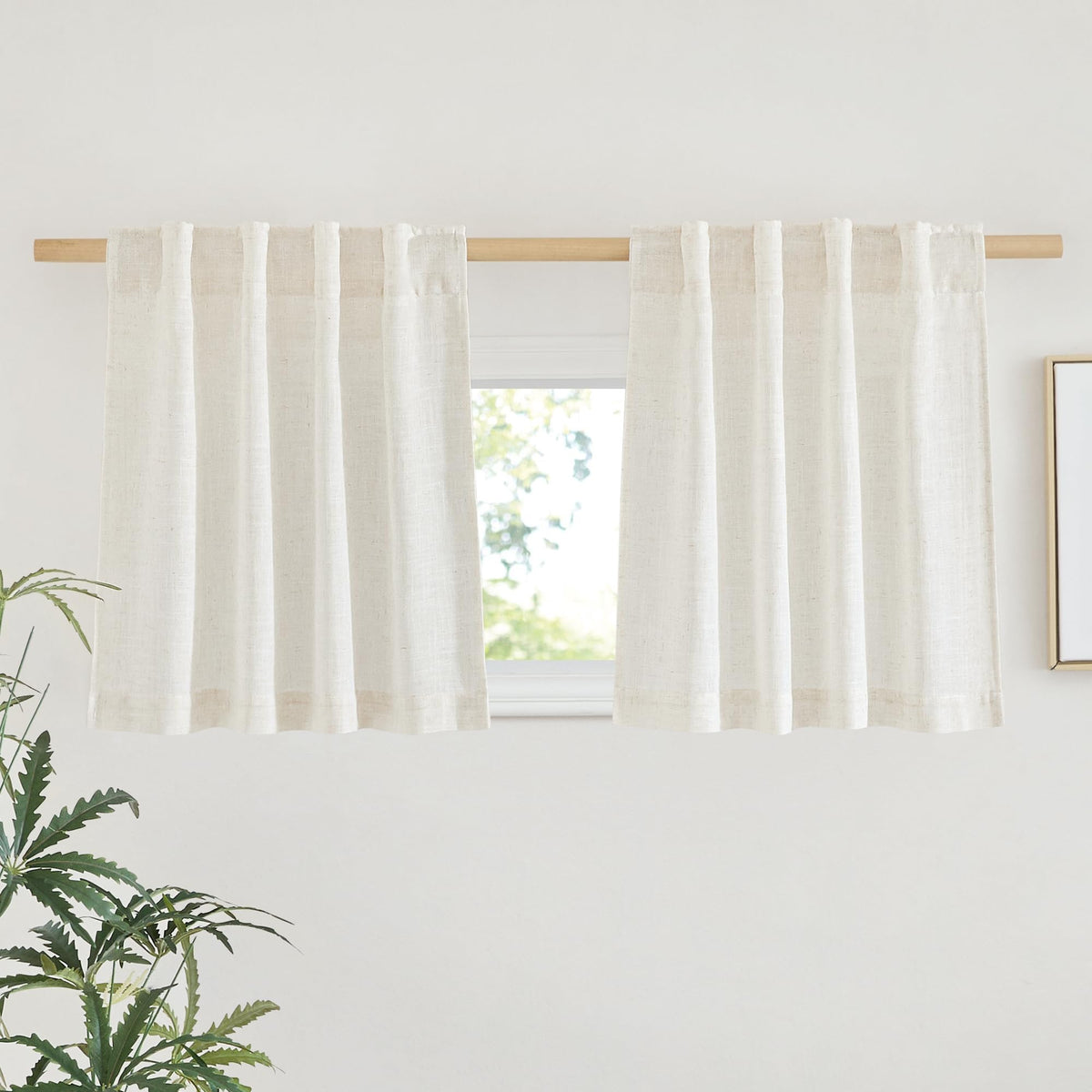 Nicetown Natural Linen Kitchen Curtains 24 Inches Long, Rod Pocket & Back Tab Semi Sheer Flax Window Treatments Rustic & Cute Fo