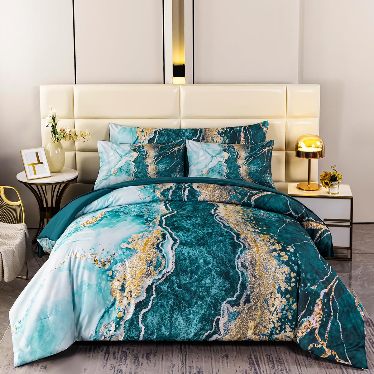 Perfemet 6-Piece Bed In A Bag Queen Set Aqua Gold Watercolor Marble Comforters With Sheet Soft Luxury Retro Artwork Aqua Green T