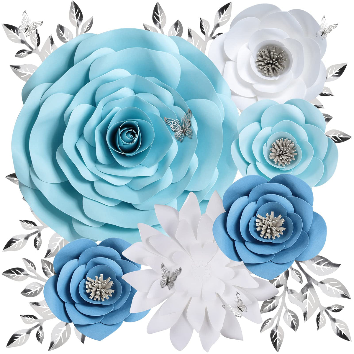 3D Blue Roses Artificial Flowers, Large Paper Flowers Decorations for Wall with Butterfly Stickers, Fake Flower Wall Decor for Baby Boy Nursery Room, Wedding Centerpiece, Party Backdrop