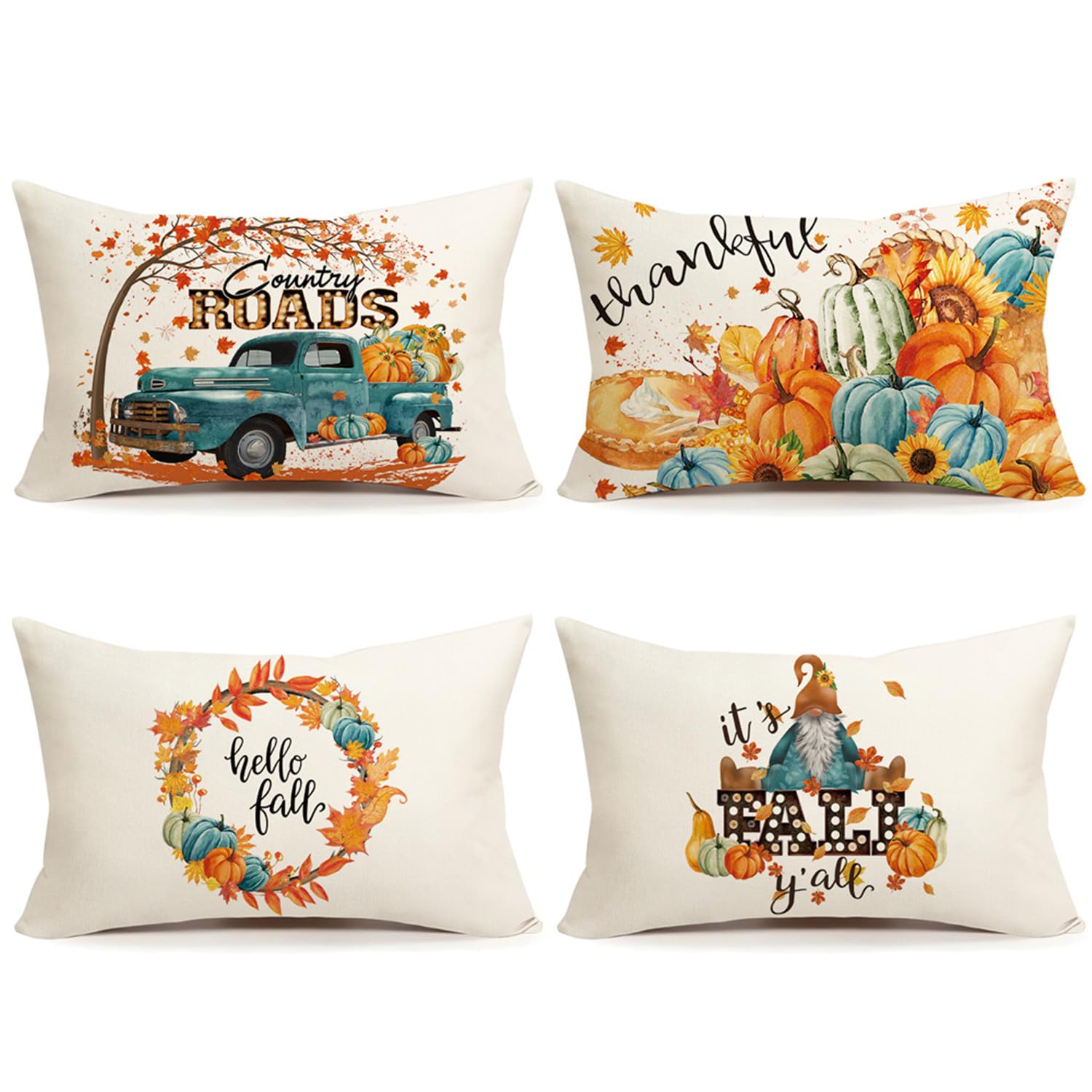 Nightwish Fall Decor Pillow Covers 12X20 Set Of 4 Thanksgiving Decorations Blue And Orange Pumpkins Outdoor Fall Farmhouse Decor