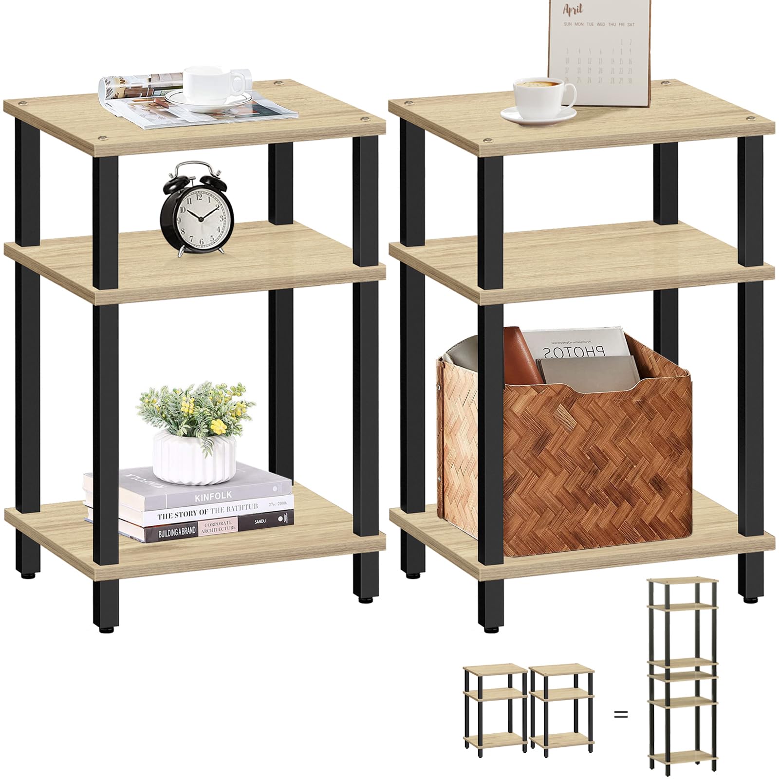 TUTOTAK Set of 2 End Table, Side Table, Nightstand, 3-Tier Storage Shelf, Couch Table for Small Space TB01BO0492