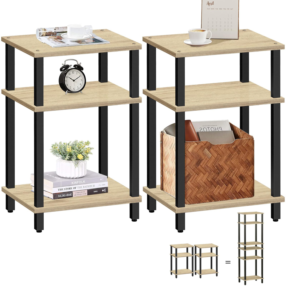 TUTOTAK Set of 2 End Table, Side Table, Nightstand, 3-Tier Storage Shelf, Couch Table for Small Space TB01BO0492