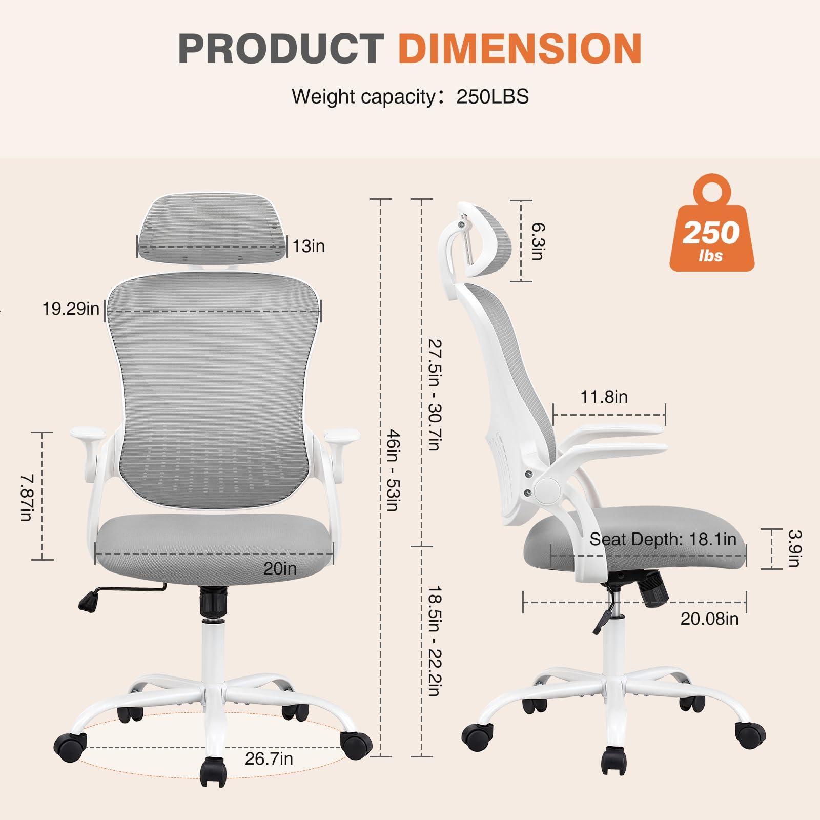 Sweetcrispy Office Computer Desk Chair, Ergonomic High-Back Mesh Rolling Work Chairs With Wheels And Adjustable Headrests, Comfortable Lumbar Support, Comfy Flip-Up Arms For Home,Bedroom,Study, Grey