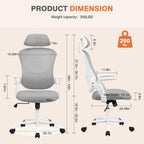 Sweetcrispy Office Computer Desk Chair, Ergonomic High-Back Mesh Rolling Work Chairs With Wheels And Adjustable Headrests, Comfortable Lumbar Support, Comfy Flip-Up Arms For Home,Bedroom,Study, Grey