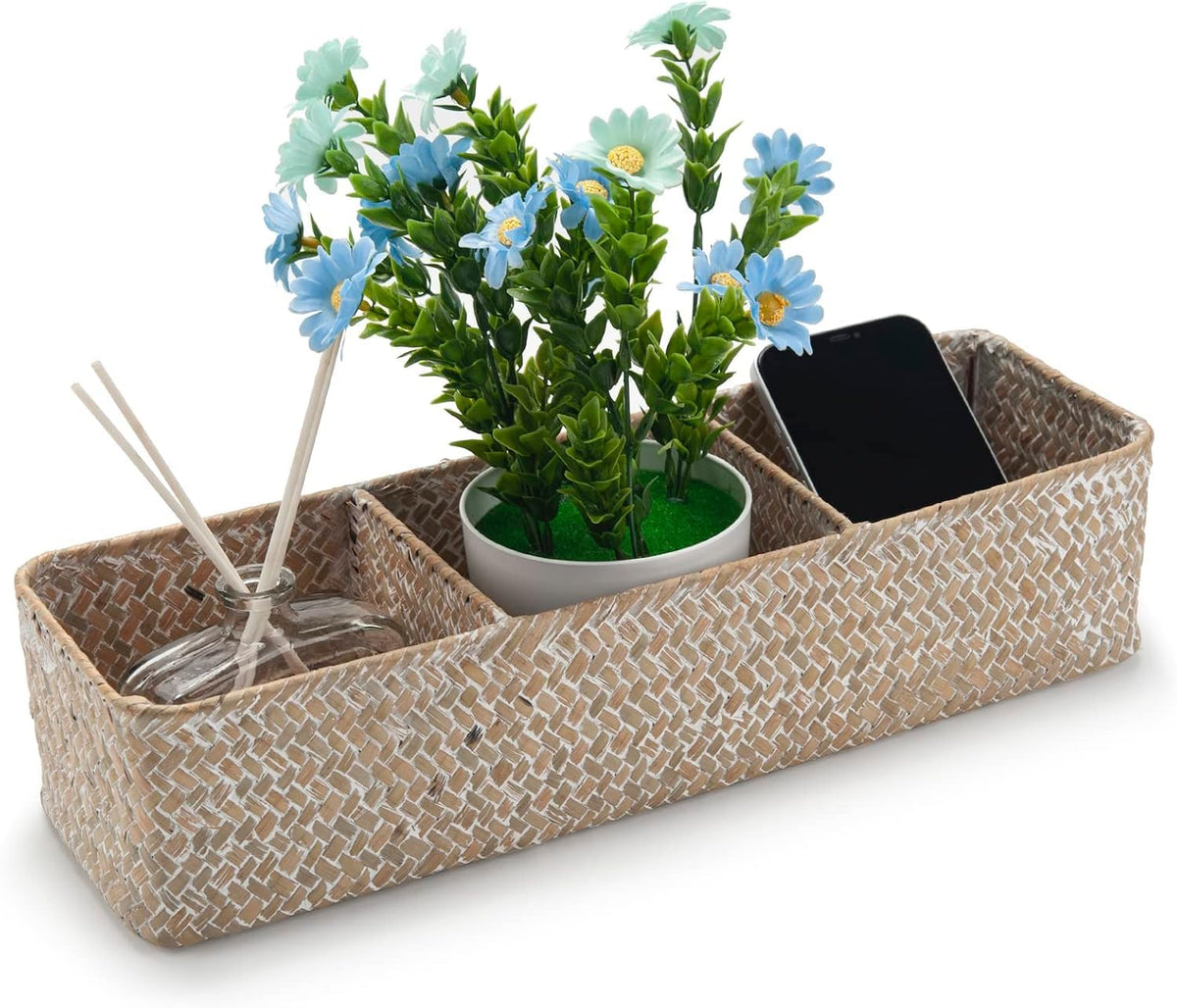 Seagrass Storage Basket for Bathroom, Wicker Toilet Basket Tank Topper, Woven Storage Box for Organizing (Whitewash, 14.6 x 4.7