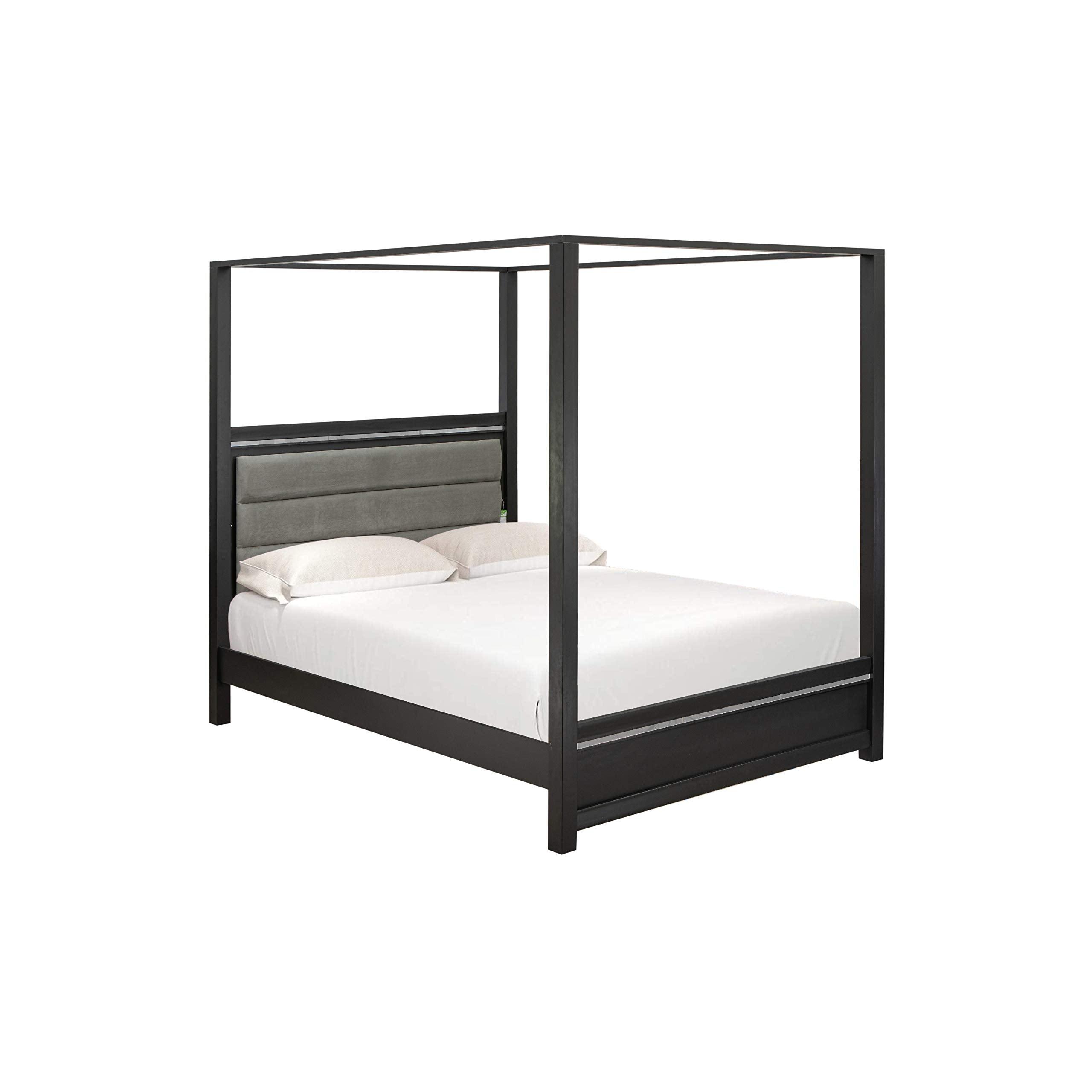 East West Furniture 2-Piece Denali Modern Wooden Bedroom Set-Adjustable LED Lighting Headboard Queen Size Bed and a Small Chest of Drawers, Brush Gray