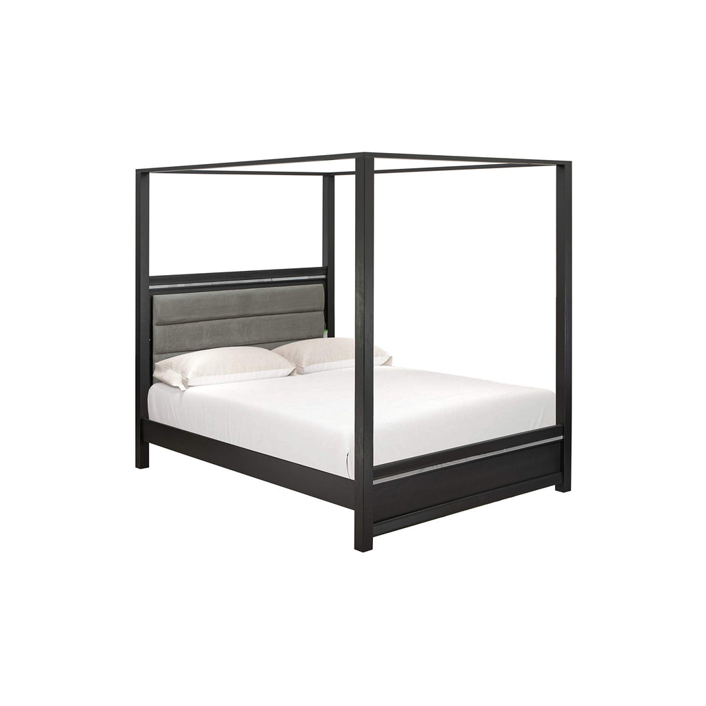 East West Furniture 2-Piece Denali Modern Wooden Bedroom Set-Adjustable LED Lighting Headboard Queen Size Bed and a Small Chest of Drawers, Brush Gray