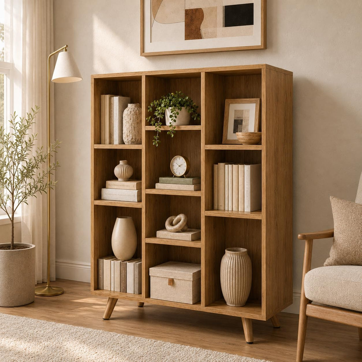 Manora 10Cube Bookcase, MidCentury Bookshelf with Solid Wood Legs, Oak