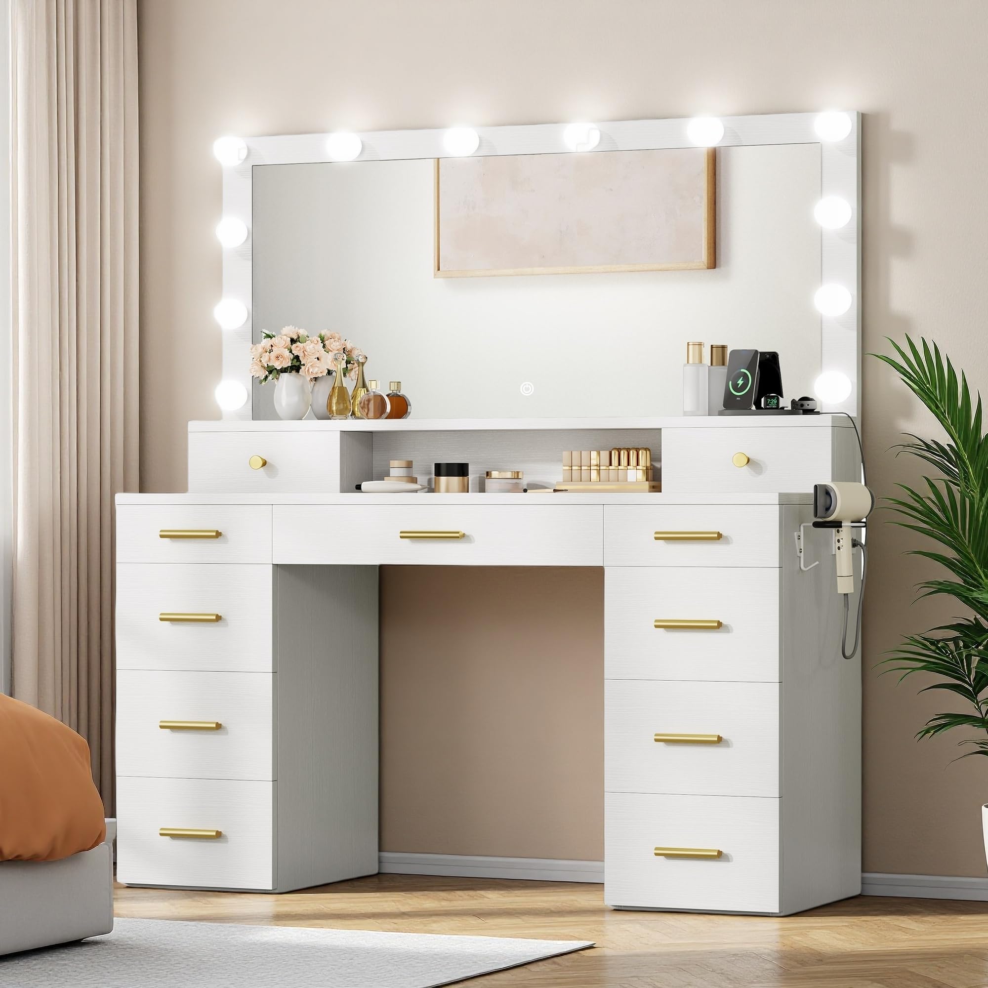 YITAHOME Large Vanity Desk with Mirror and Lights, Big Makeup Vanity with Power Outlets & 11 Drawers, 3 Lighting Modes Adjustabl
