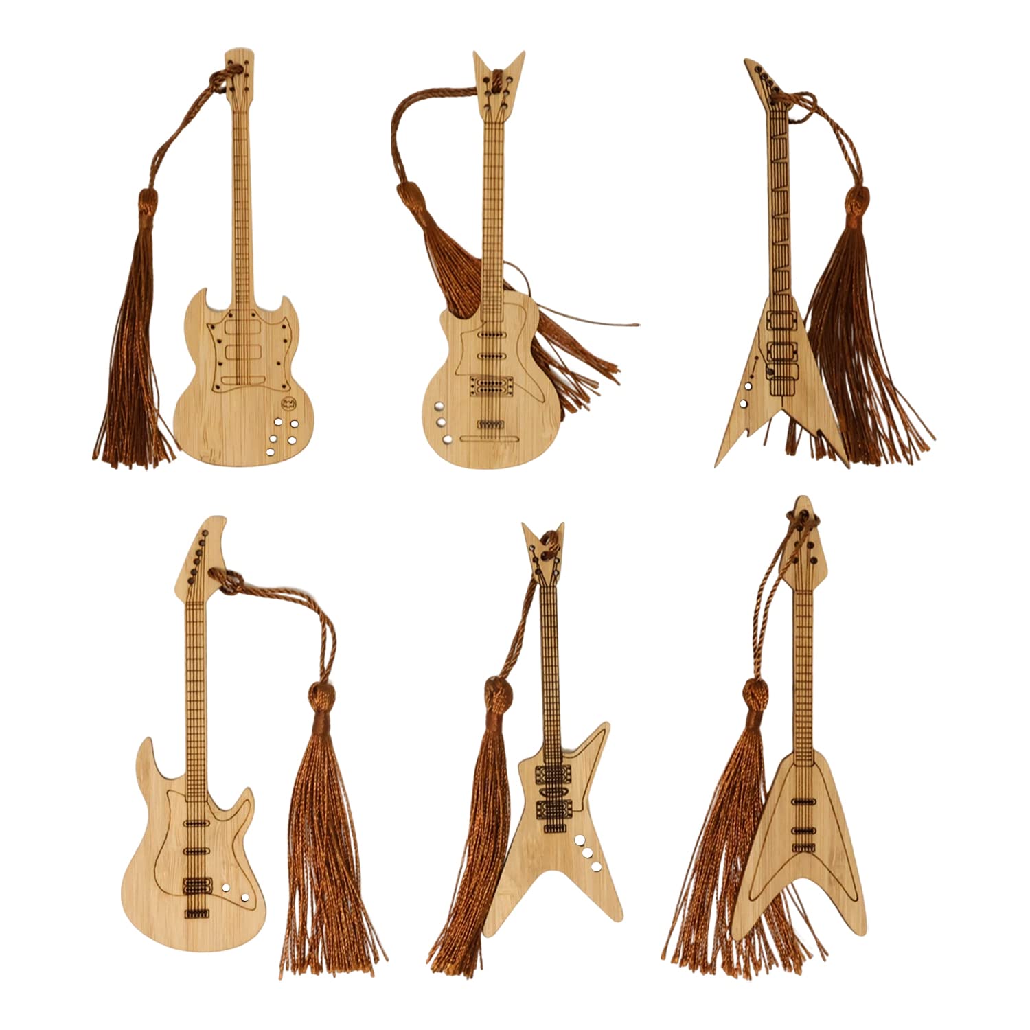 Yueton 6Pcs Creative Vintage Style Bookmarks Guitar Bass Musical Instruments Bamboo Bookmark With Beautiful Tassels For Office,