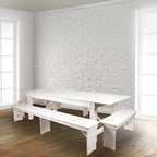 Flash Furniture Hercules Commercial Grade Farmhouse 3 Leg Bench - Solid Pine Foldable Bench with Seating for 4 - 8'x12" - Antique Rustic White