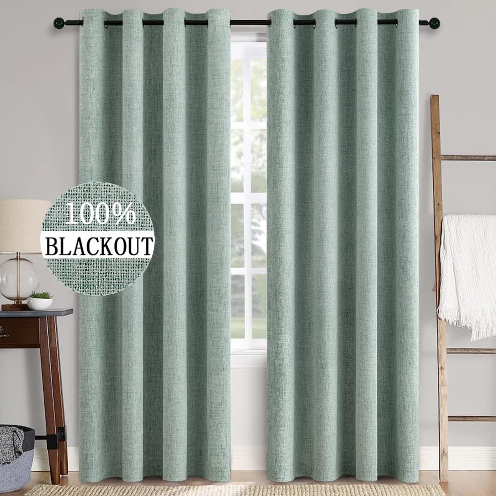Miulee Linen Texture 90 Inches Curtains For Bedroom 100% Blackout Thermal Insulated Seafoam Green Curtains Grommet Room Darkenin