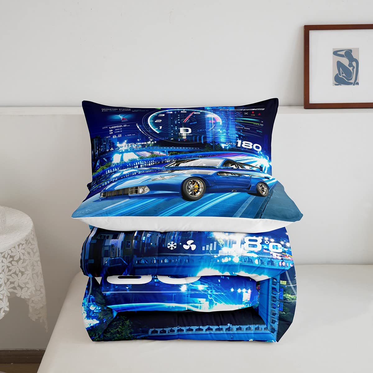 Feelyou Boys Race Car Down Duvet Cool Sports Car Comforter Set For Kids Boys Girls Extreme Sports Bedding Set Blue Automobile Ca