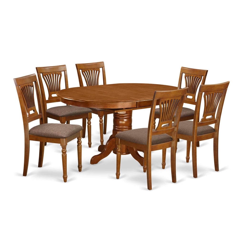 East West Furniture AVPL7-SBR-C 7 Piece Dining Table Set Consist of an Oval Dining Room Table with Butterfly Leaf and 6 Linen Fabric Upholstered Chairs, 42x60 Inch, Saddle Brown