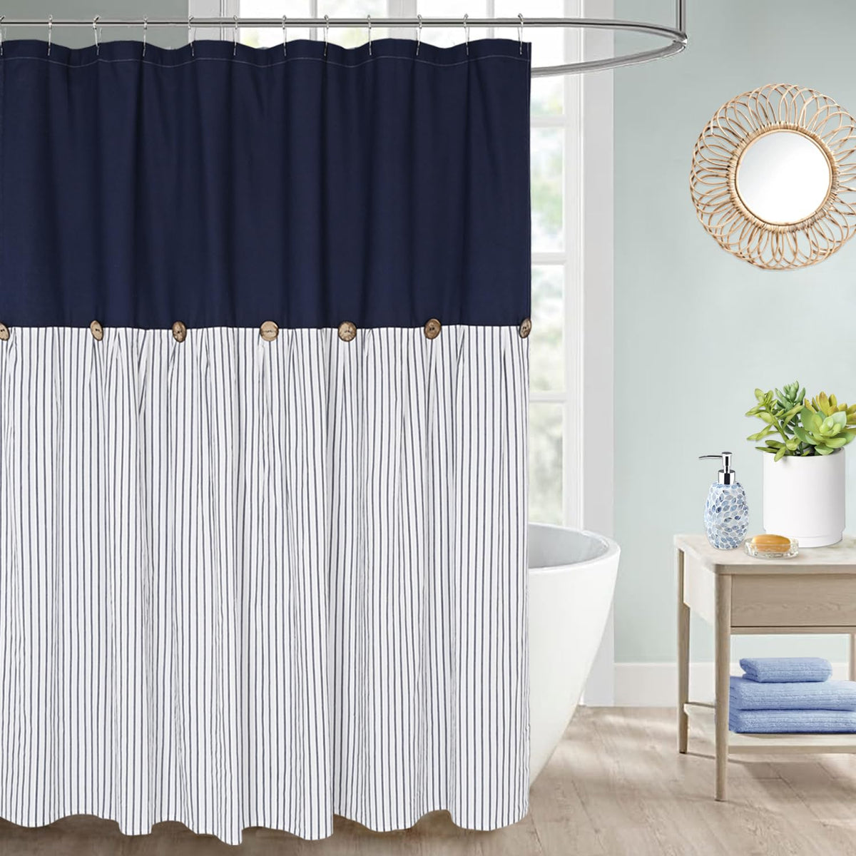 Dosly Id   Es Farmhouse Navy Blue Shower Curtain For Bathroom,Beige And Navy Stripe,Button Curtain,Cotton Blend Woven Fabric,Rus