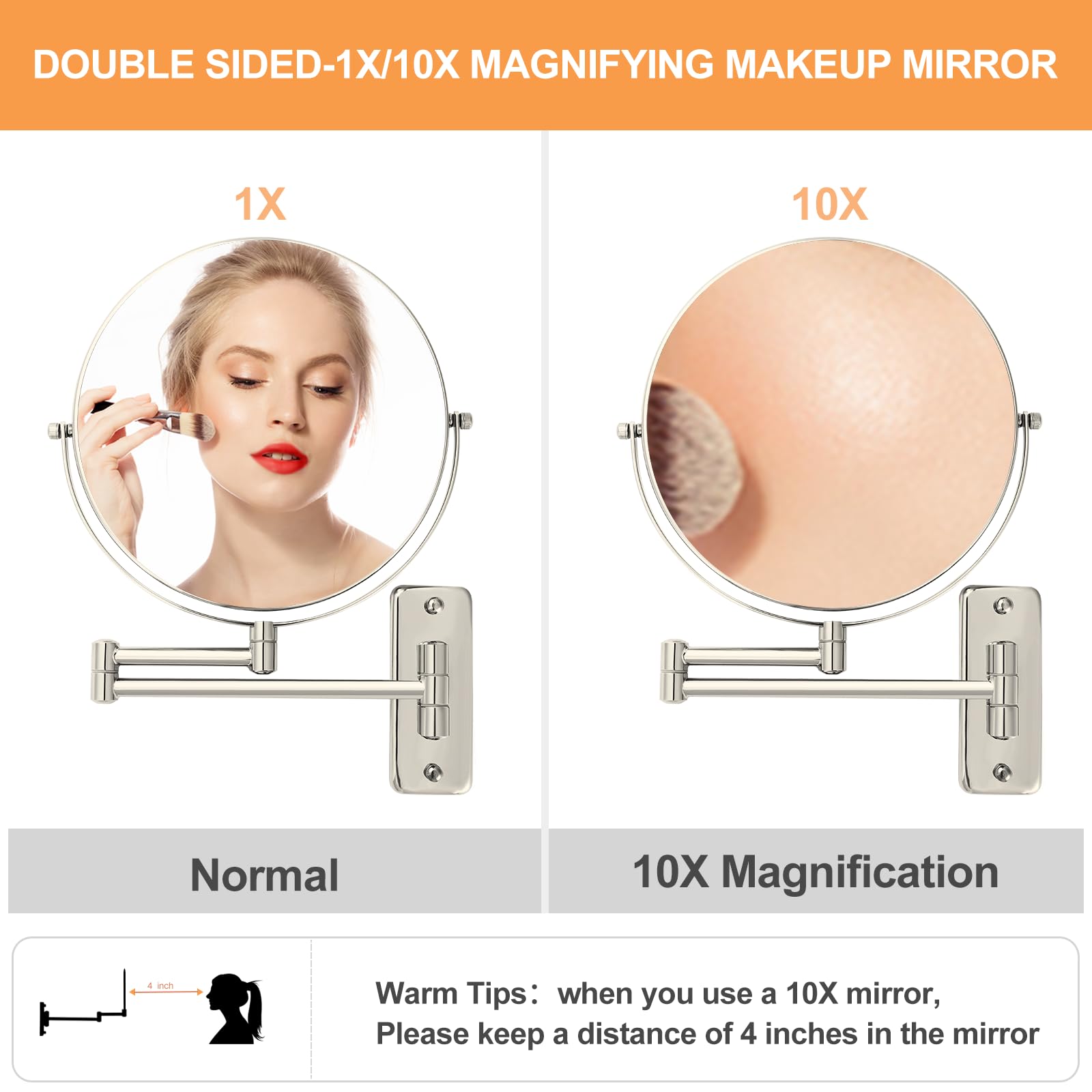 Ffowcye 8' Wall Mounted Makeup Mirror, 1X/10X Wall Mount Magnifying Mirror With Double Sided Folding Extendable Arm 360 Rotatio