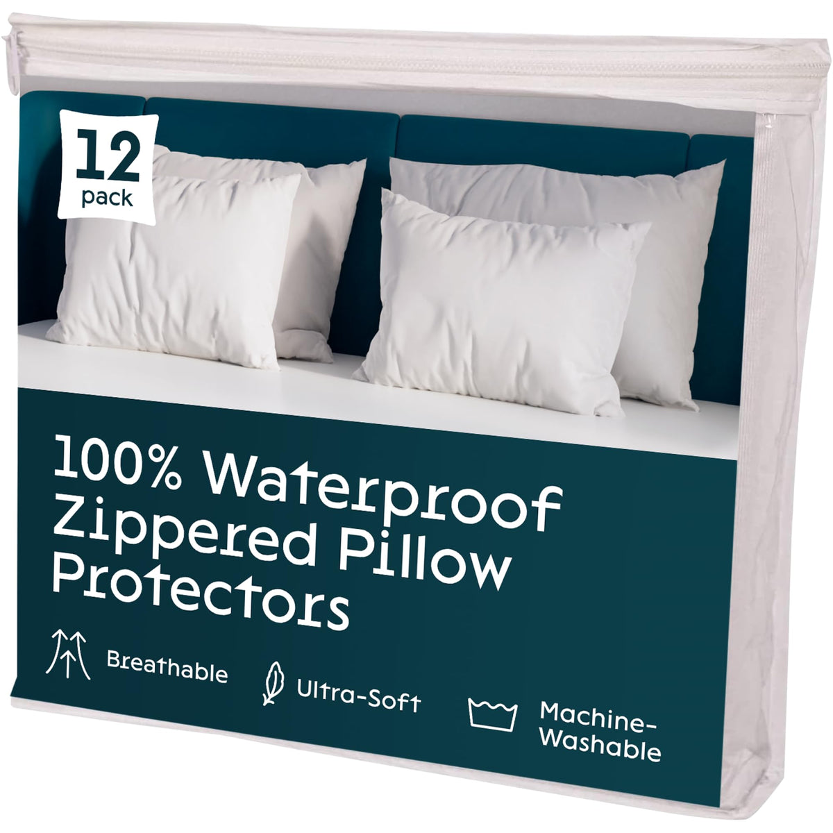 Niagara 12 Pack Waterproof Pillow Protectors Queen 20X30 Inches Smooth Zipper Premium Encasement Covers Quiet Cases Set White
