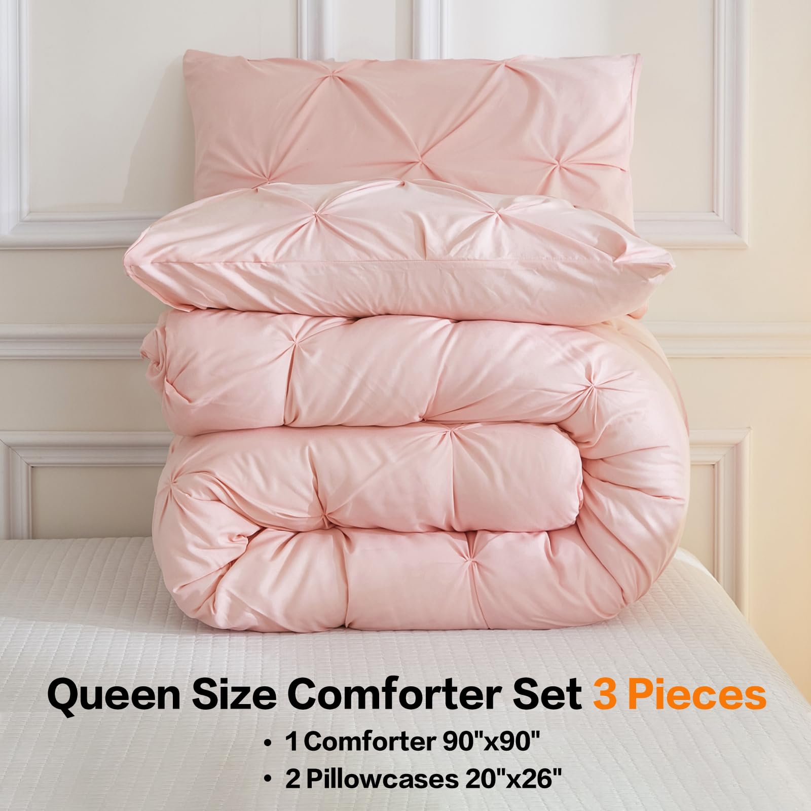 Andency Pink Comforter Set Queen(90X90Inch), 3 Pieces Soft Lightweight Cute Pinch Pleat Comforter Set For Queen Bed, All Season Western Warm Bed Set For Girls Women
