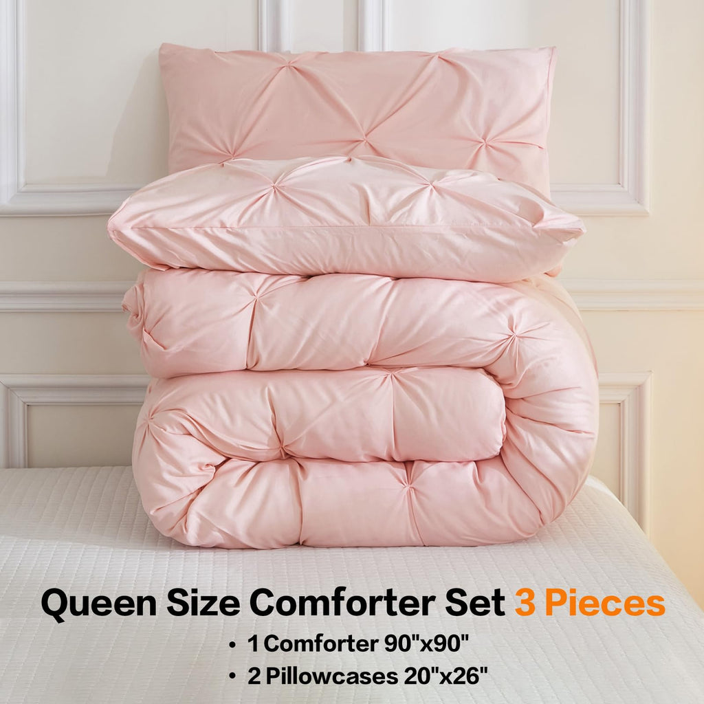 Andency Pink Comforter Set Queen(90X90Inch), 3 Pieces Soft Lightweight Cute Pinch Pleat Comforter Set For Queen Bed, All Season Western Warm Bed Set For Girls Women